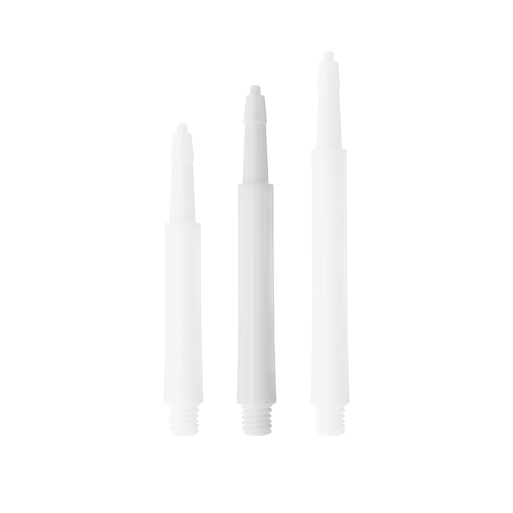 HRC12626W_Harrows_Clic_Standard_Shafts_Weiss_30mm_1 Das Bild zeigt drei weiße Harrows Clic Standard Shafts in verschiedenen Längen. Sie sind als Ersatzteile für Dartpfeile gedacht.