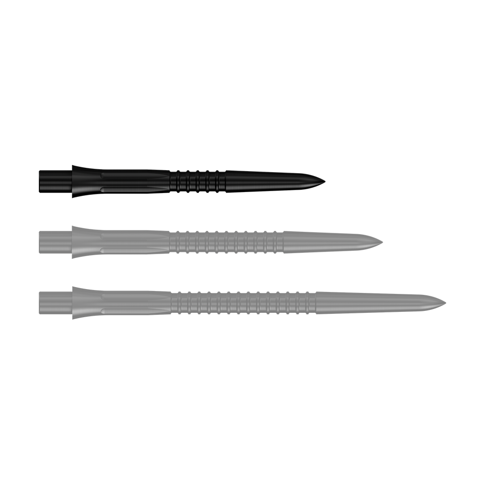 Mission Caliburn EVO Dart Tips GV1 - Black Schwarze Steeldartspitzen, 26 mm Länge, aus der Misson Caliburn EVO GV1 Serie. Die Aufnahme zeigt eine Detailansicht der Dartspitzen.