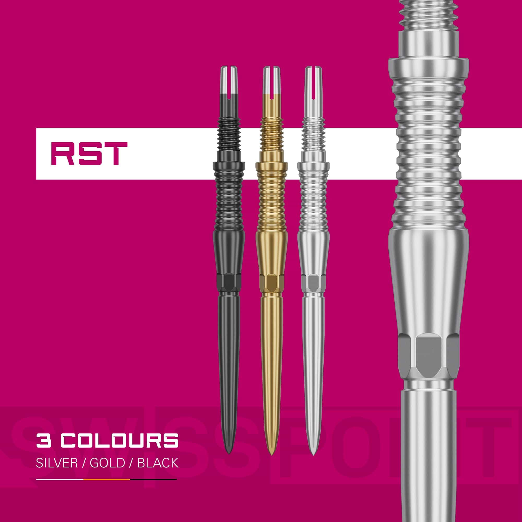 Target Swiss Point Dart Tips Signature RST - Silver Target Swiss Point Dartspitzen Signature RST - Silber wird dargestellt. Die Spitzen sind robust und elegant gestaltet.