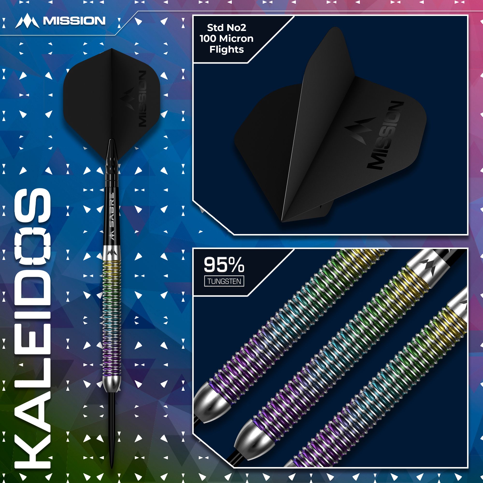 Hier werden die Mission Kaleidos Steeldarts präsentiert. Sie eignen sich perfekt für ambitionierte Dartspieler.