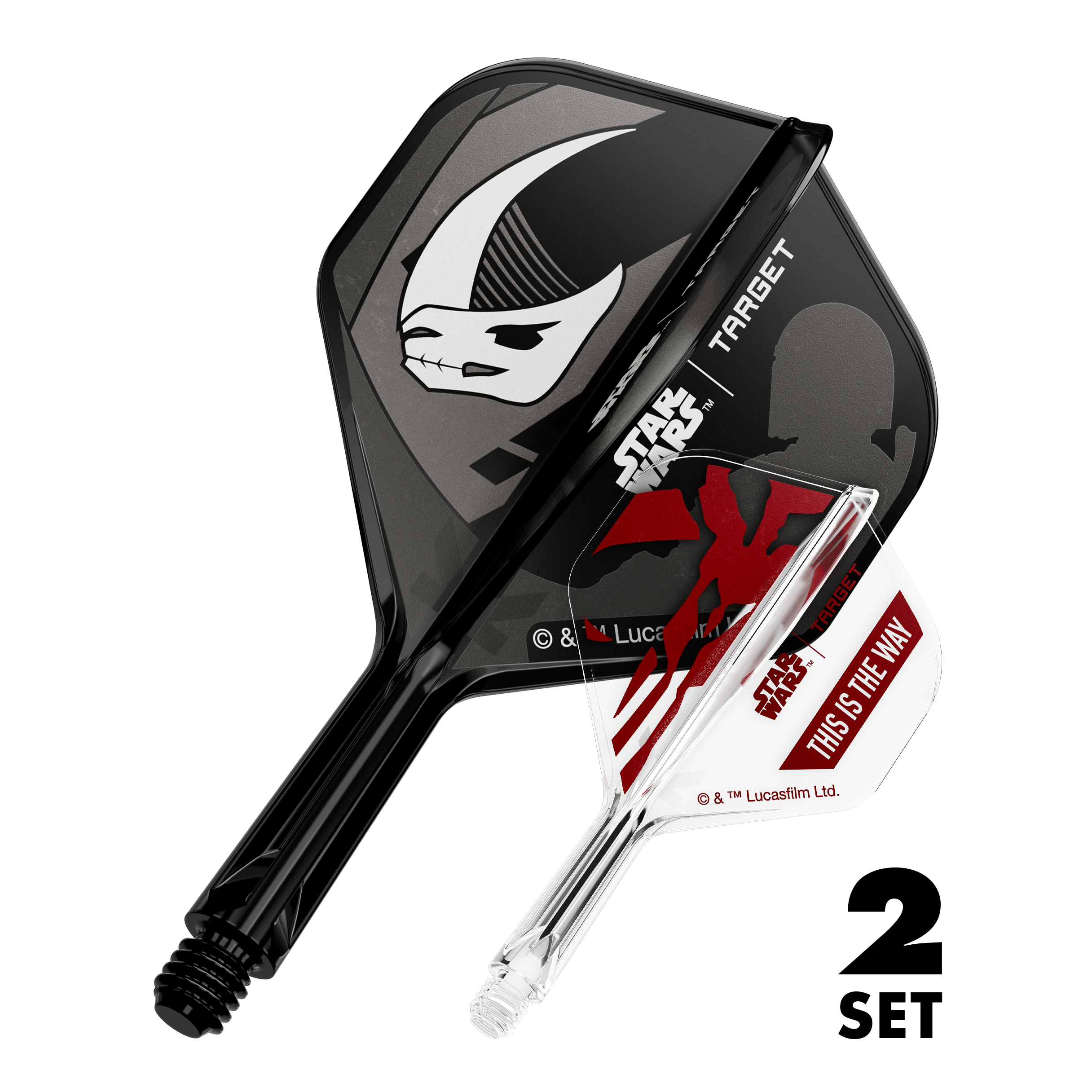 Target Star Wars K-Flex Set Mandalorian No2 Standard Flights Zu sehen sind zwei Dart-Flights im Mandalorianer-Design aus Star Wars. Dies ist das Set 'K-Flex Mandalorian 2PackSet No2 Standard Flights' mit 19mm.