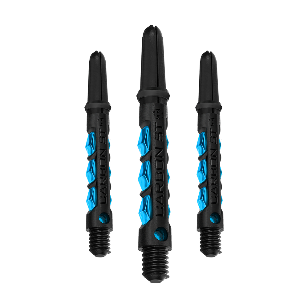 HR411_Harrows_Carbon_ST_Shafts_Aqua_40mm_14dmabHsPYm1me Das Bild zeigt drei Harrows Carbon ST Shafts in der Farbe Aqua. Die Dartschäfte sind schwarz mit blauen Akzenten und haben ein modernes Design.