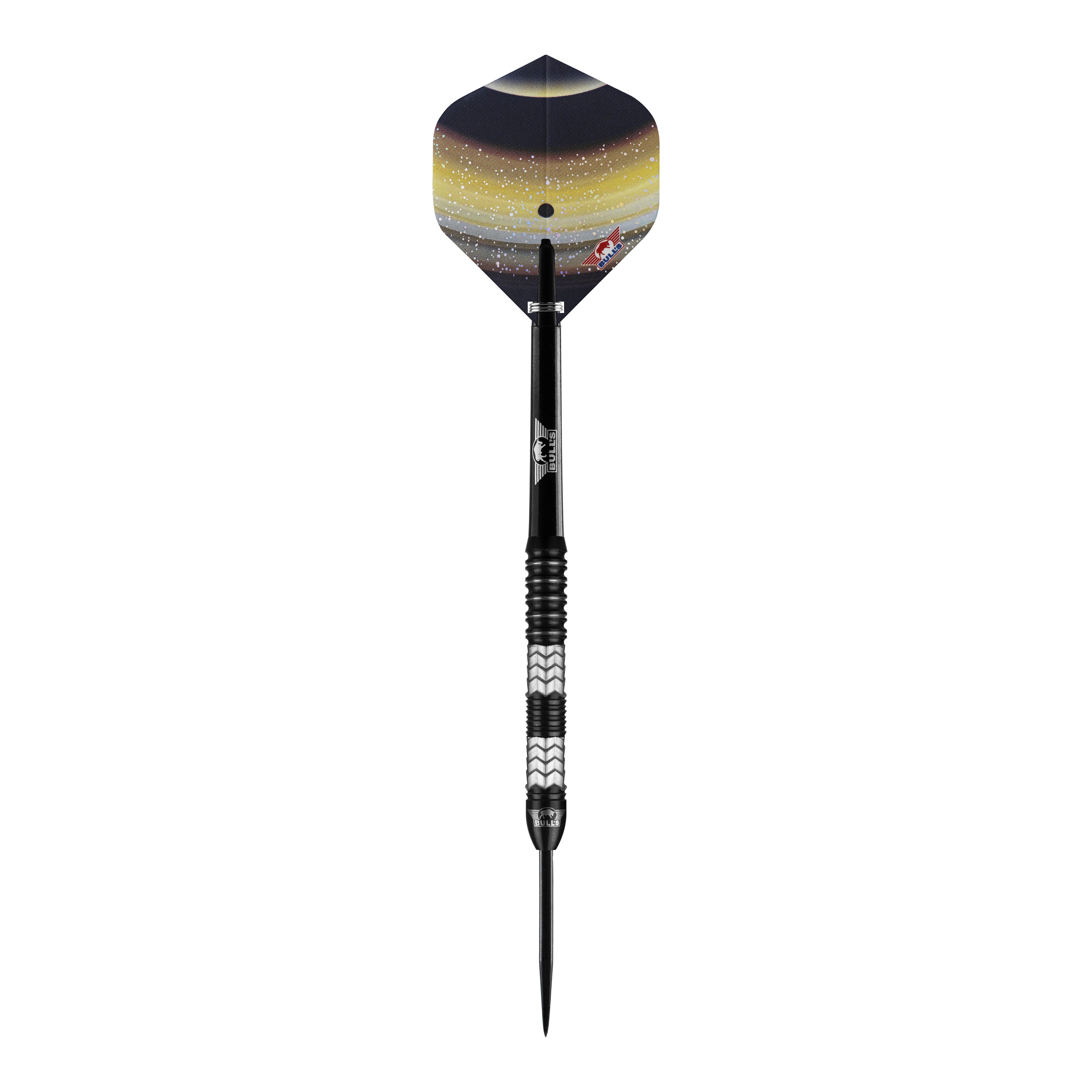 Bulls NL Luna Triton steel darts Der "Bulls NL Luna Triton Steeldart" ist ein hochwertiger Steeldart mit einem auffälligen, weltraumähnlichen Design auf den Flights. Der Dart besitzt einen schwarzen, geriffelten Griffbereich für optimalen Halt.