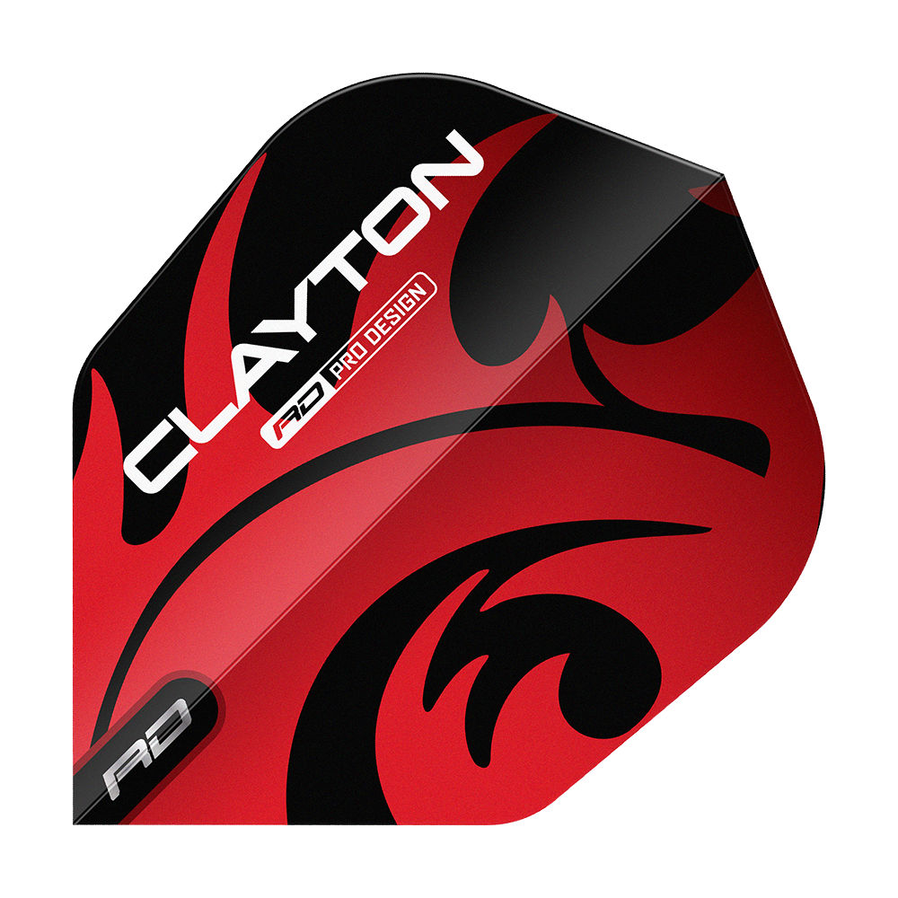 Das Bild zeigt ein Dartflight mit dem Namen "Red Dragon Jonny Clayton Red Black No6 Flights". Das Flight ist rot und schwarz gestaltet und trägt den Aufdruck "Clayton".