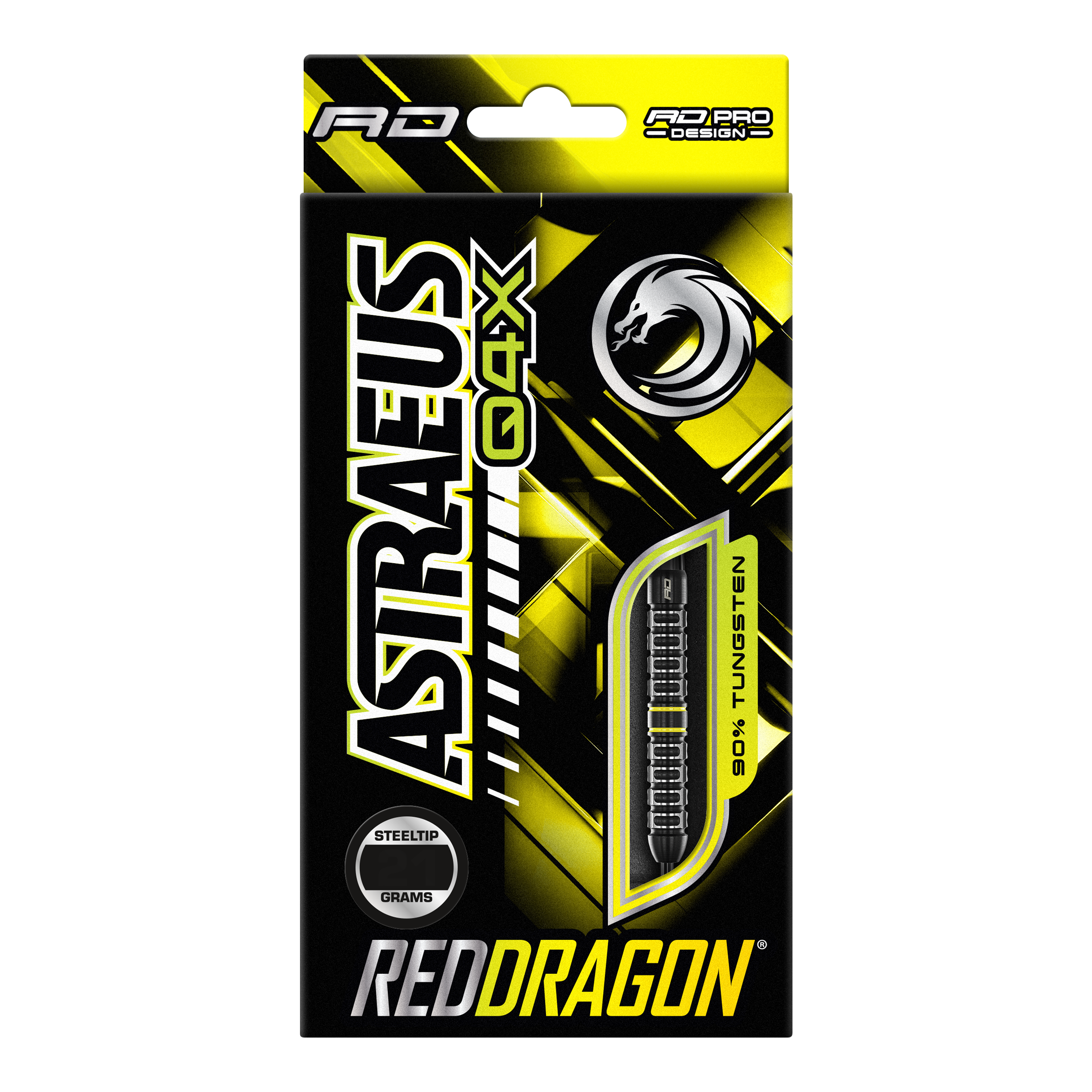 Red Dragon Astraeus Q4X Parallel Steeldarts Die Verpackung zeigt die Red Dragon Astraeus Q4X Parallel Steeldarts in einem auffälligen gelb-schwarzen Design. Das Produkt besteht zu 90% aus Tungsten und besitzt Steeltip-Spitzen.