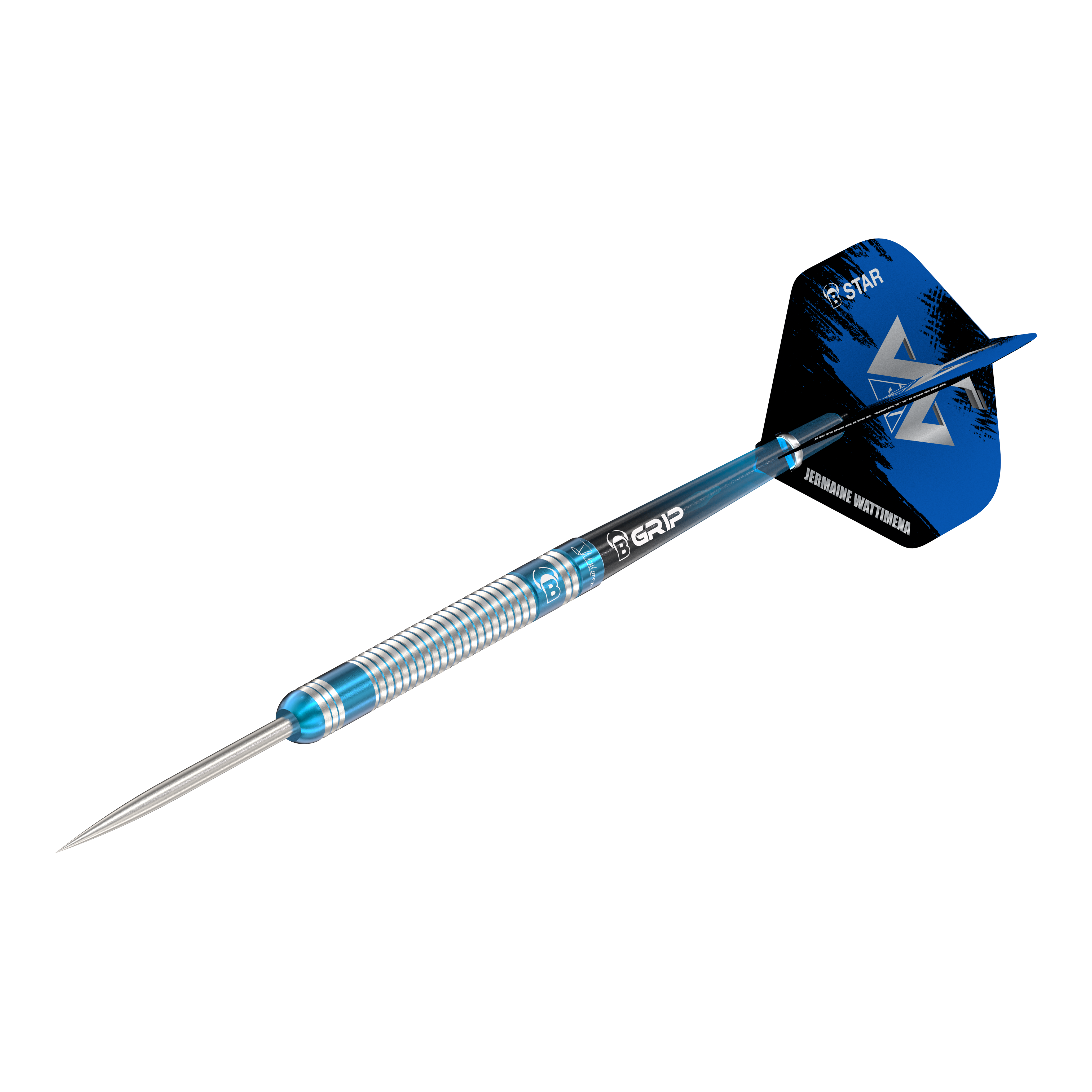 Bulls Jermaine Wattimena Generation 3 steel darts Das Bild zeigt einen Steeldartpfeil mit silber-blauer Riffelung am Barrel. Auf dem Flight steht „Jermaine Wattimena“ und er ist mit dem Produktnamen „Bulls Jermaine Wattimena Generation 3 Steeldarts“ versehen.