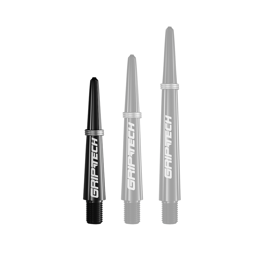 GOAT Griptech Shafts - Black Das Bild zeigt drei schwarze Dartschäfte in unterschiedlichen Längen mit der Aufschrift "GRIPTECH". Sie sind senkrecht nebeneinander angeordnet und haben ein schlichtes, modernes Design.