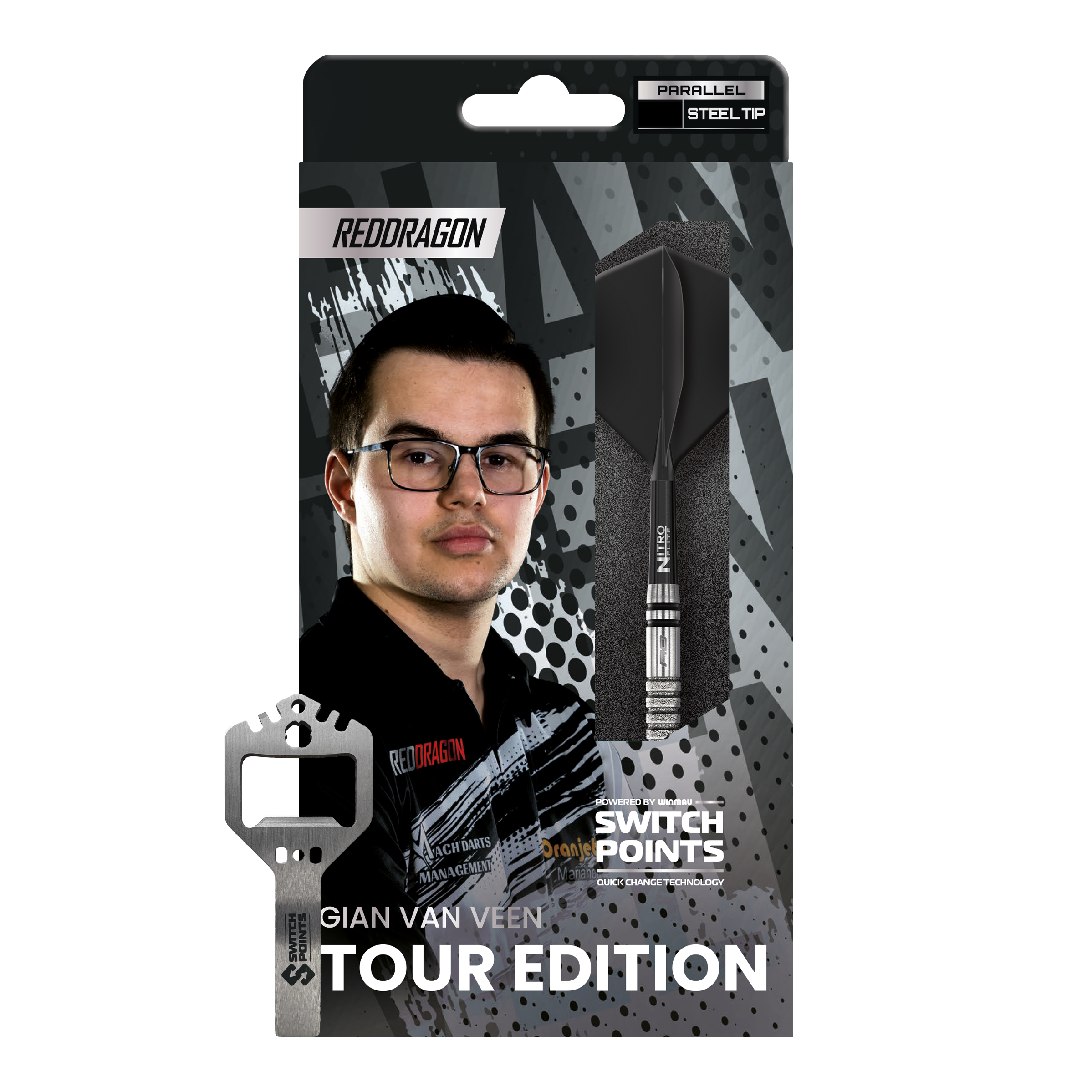 Das Bild zeigt die Red Dragon Gian Van Veen Tour Edition Switch Point Steeldarts - 21g. Die Darts haben ein modernes und robustes Design.