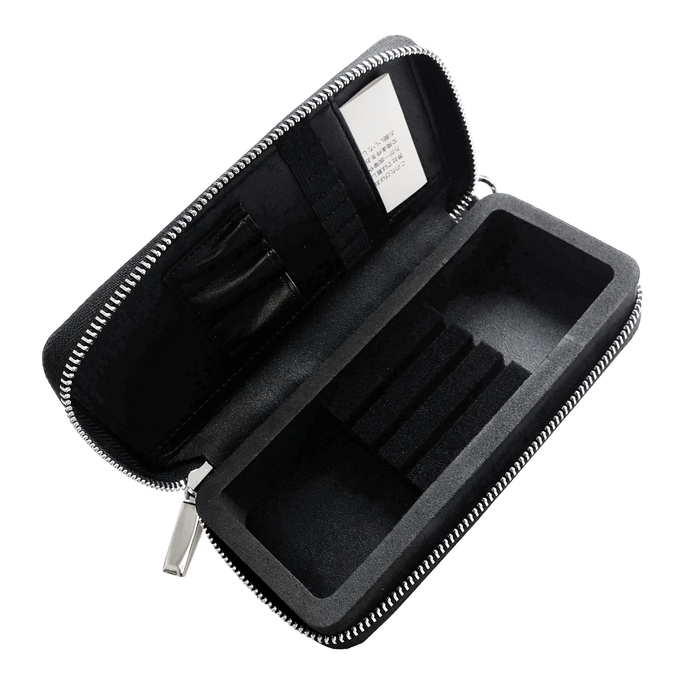 Cameo Business Case Pro3 Das Bild zeigt ein schwarzes Etui mit Reißverschluss, das im Inneren Fächer für Karten und andere kleine Gegenstände hat. Der Innenraum ist mit Schaumstoff ausgekleidet und für eine geordnete Aufbewahrung unterteilt.
