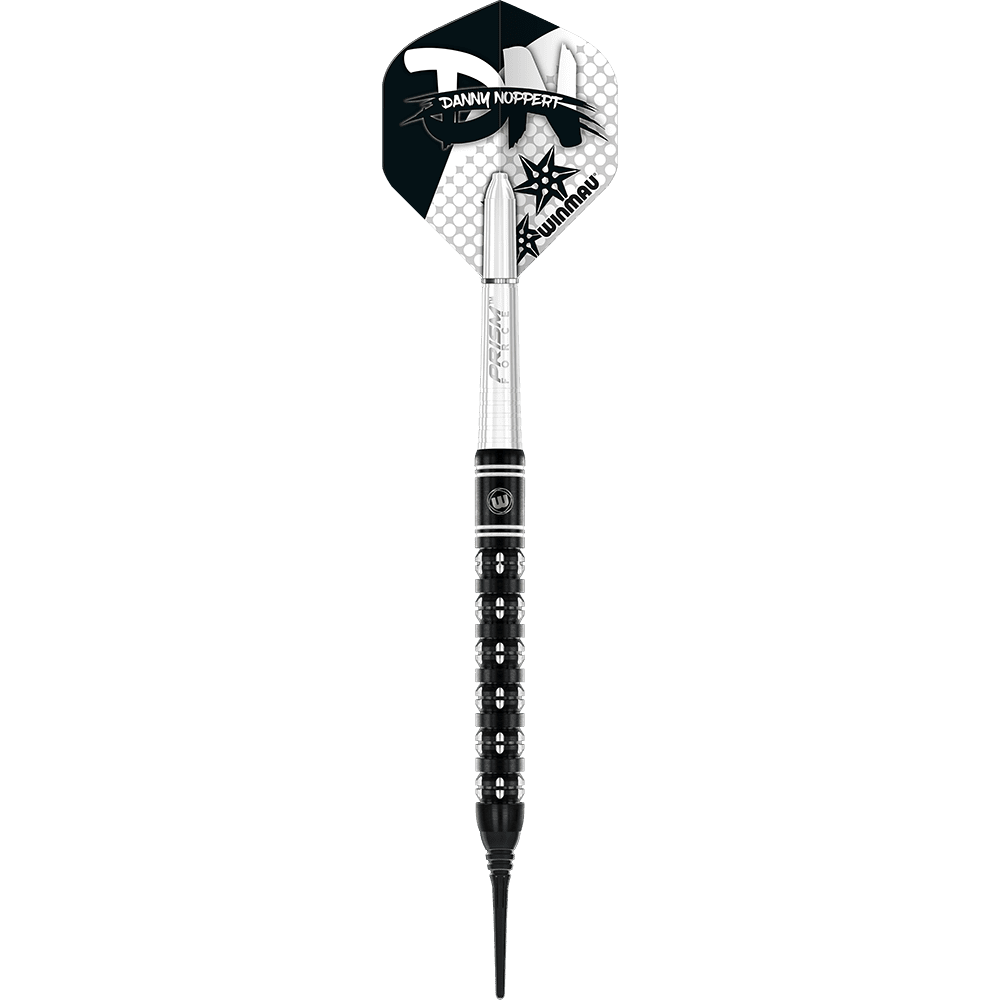 2459_Winmau_Danny_Noppert_Freeze_Edition_Softdarts_15EXObsiD75uNm Das Bild zeigt den Winmau Danny Noppert Freeze Edition Softdart mit einem Gewicht von 20g. Der Dartpfeil hat ein auffälliges schwarzes und silbernes Design mit dem Namen "Danny Noppert" auf dem Flight.