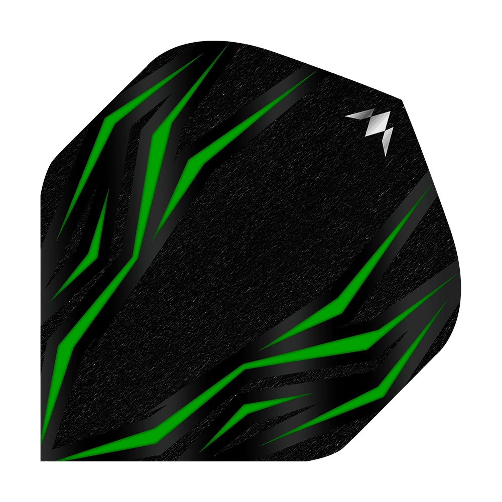 Mission Lava Green No2 Standard Flights Das Bild zeigt einen schwarzen Dartflight mit grünen, diagonalen Linien. In der oberen rechten Ecke befindet sich ein kleines, silbernes Logo.
