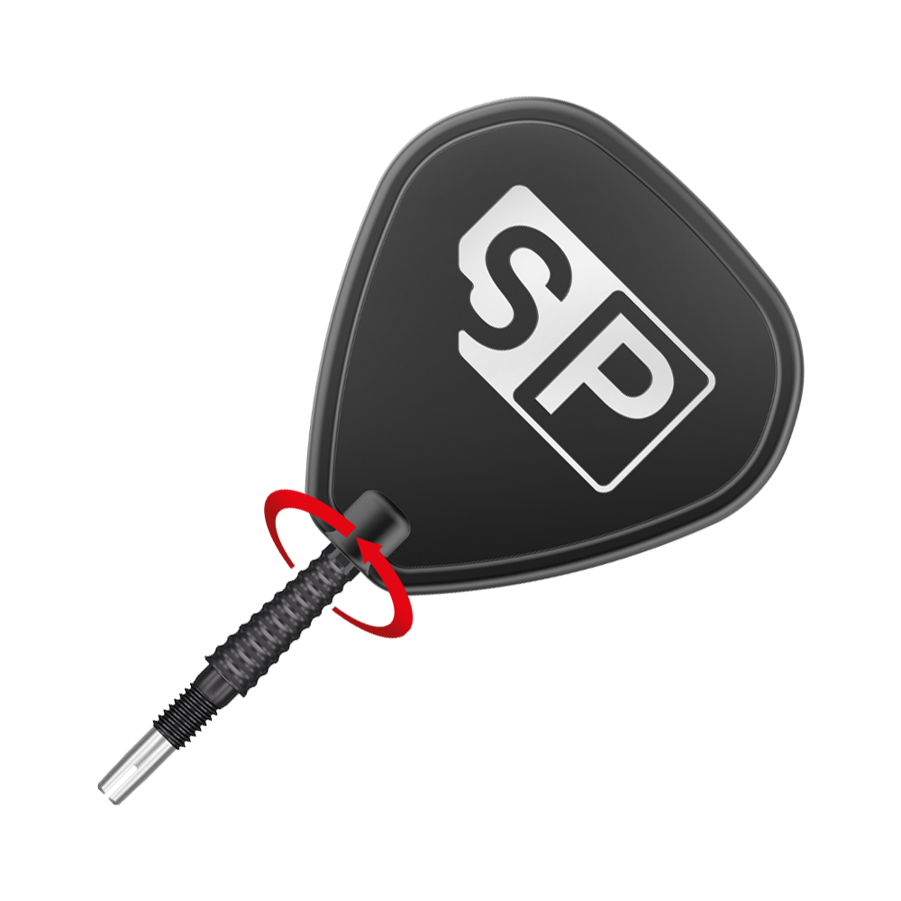 Target Swiss Storm LNC dart tips - Black Das Bild zeigt eine schwarze Dartspitze mit dem weißen „SP“-Logo darauf. Die Spitze ist schräg platziert und durch einen roten Pfeil hervorgehoben.
