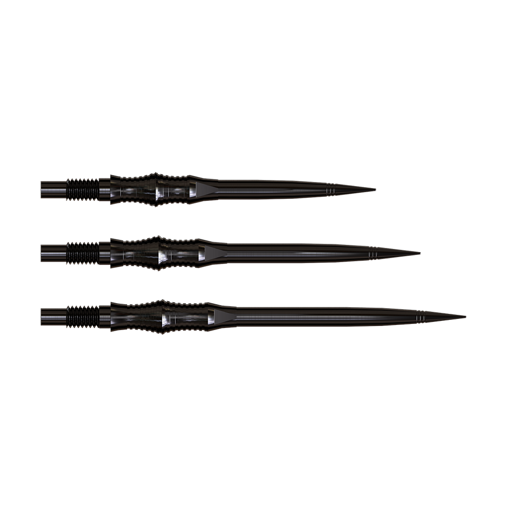 Harrows Quick Point Apex Spire Elite Series Dartspitzen - Schwarz Ein Satz schwarzer Dartspitzen ist horizontal angeordnet und deutlich sichtbar. Die Form zeichnet sich durch eine scharfe Spitze aus.