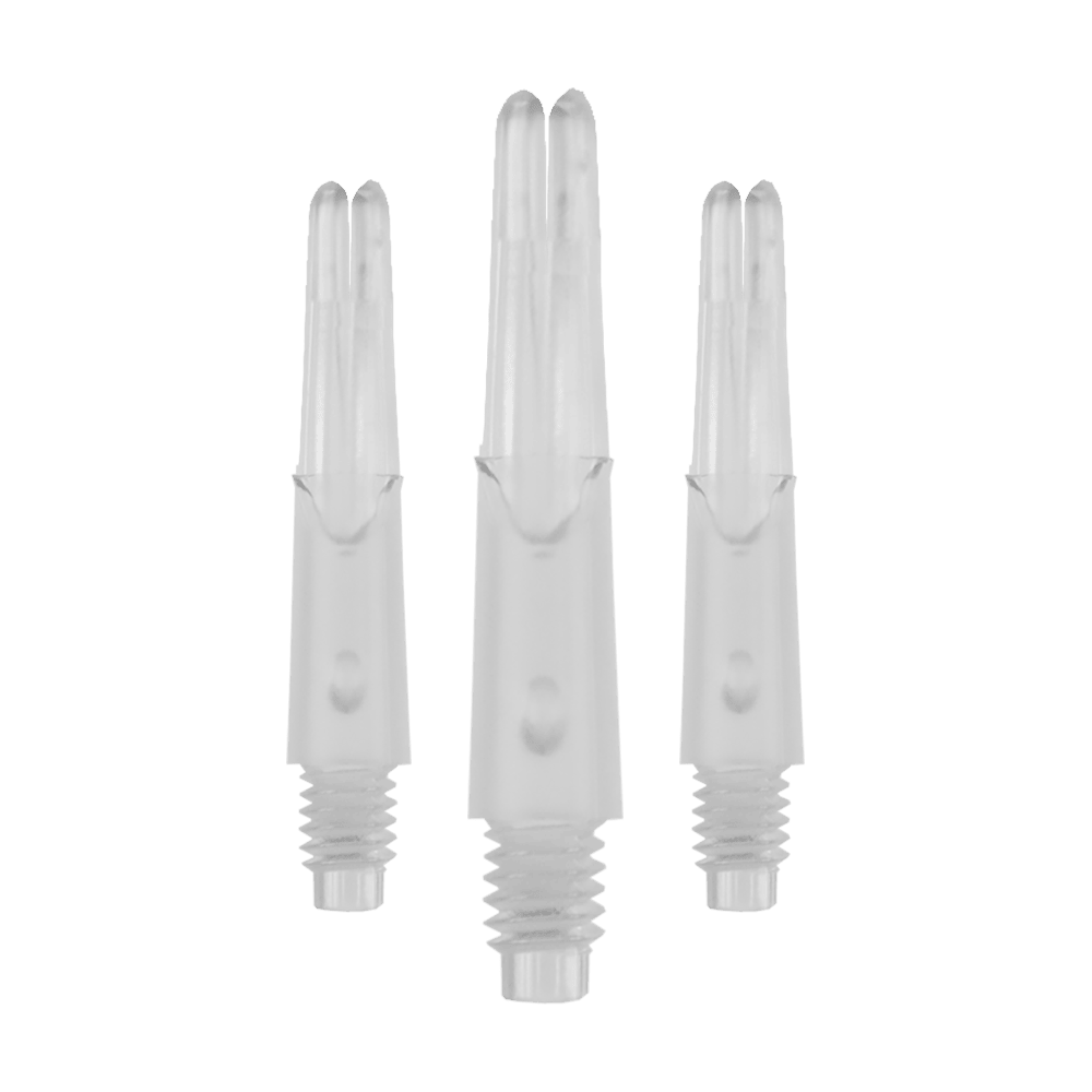 L-L-Style-Shafts Locked Straight - Clear Das Bild zeigt drei transparente, gerade Kunststoffschäfte für Darts ohne Kappen. Die Schäfte haben ein Schraubgewinde am unteren Ende und sind 26 mm lang.