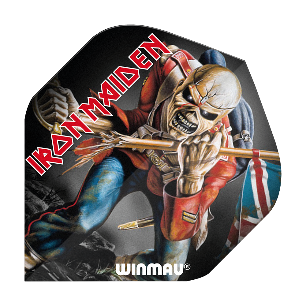 6905-224_Winmau_Rockstar_Legends_Iron_Maiden_Eddie_Standard_Flights_1 Das Bild zeigt ein Dartflight mit dem Motiv von Iron Maiden und dem berühmten Maskottchen Eddie. Auf dem Dartflight steht außerdem der Schriftzug "Winmau" und "Iron Maiden".