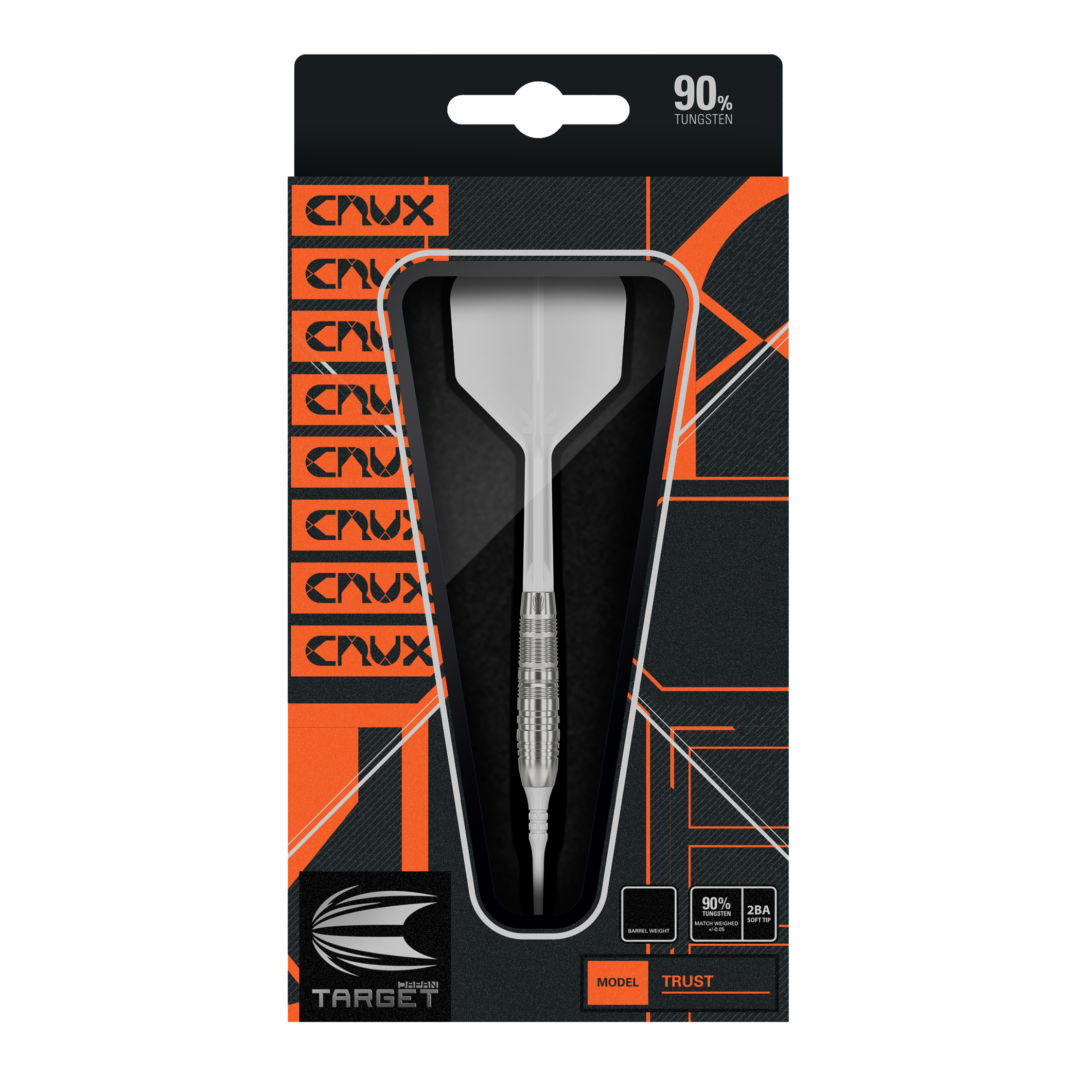 Target Japan Crux Trust Soft Darts - 17g Die Abbildung zeigt die Verpackung der "Target Japan Crux Trust Softdarts - 17g". Der Dart ist sichtbar durch ein Sichtfenster in der Packung und enthält Angaben wie 90 % Tungsten.