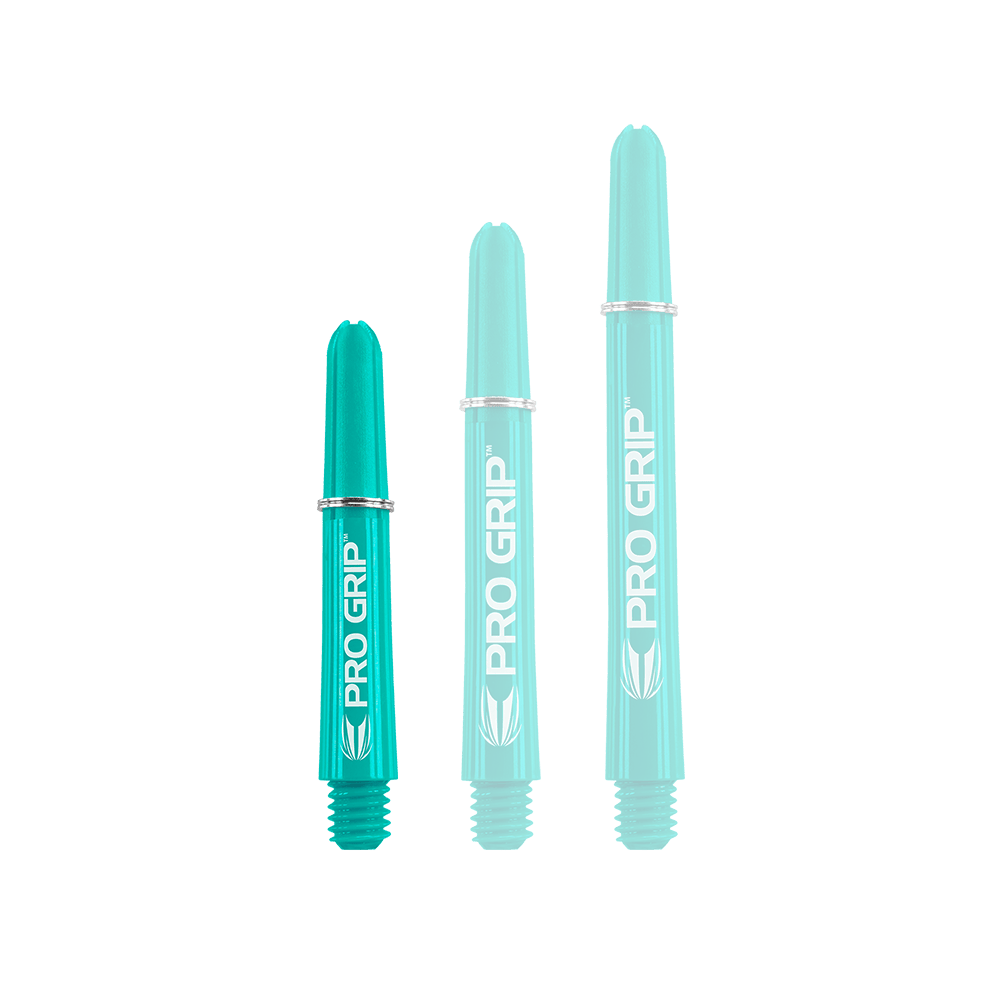 Target Pro Grip Shafts - 3 Sets - Aqua Auf dem Bild sind drei türkisfarbene "PRO GRIP" Schäfte in verschiedenen Längen zu sehen. Sie stehen nebeneinander und haben alle den gleichen Aufdruck und das gleiche Design.