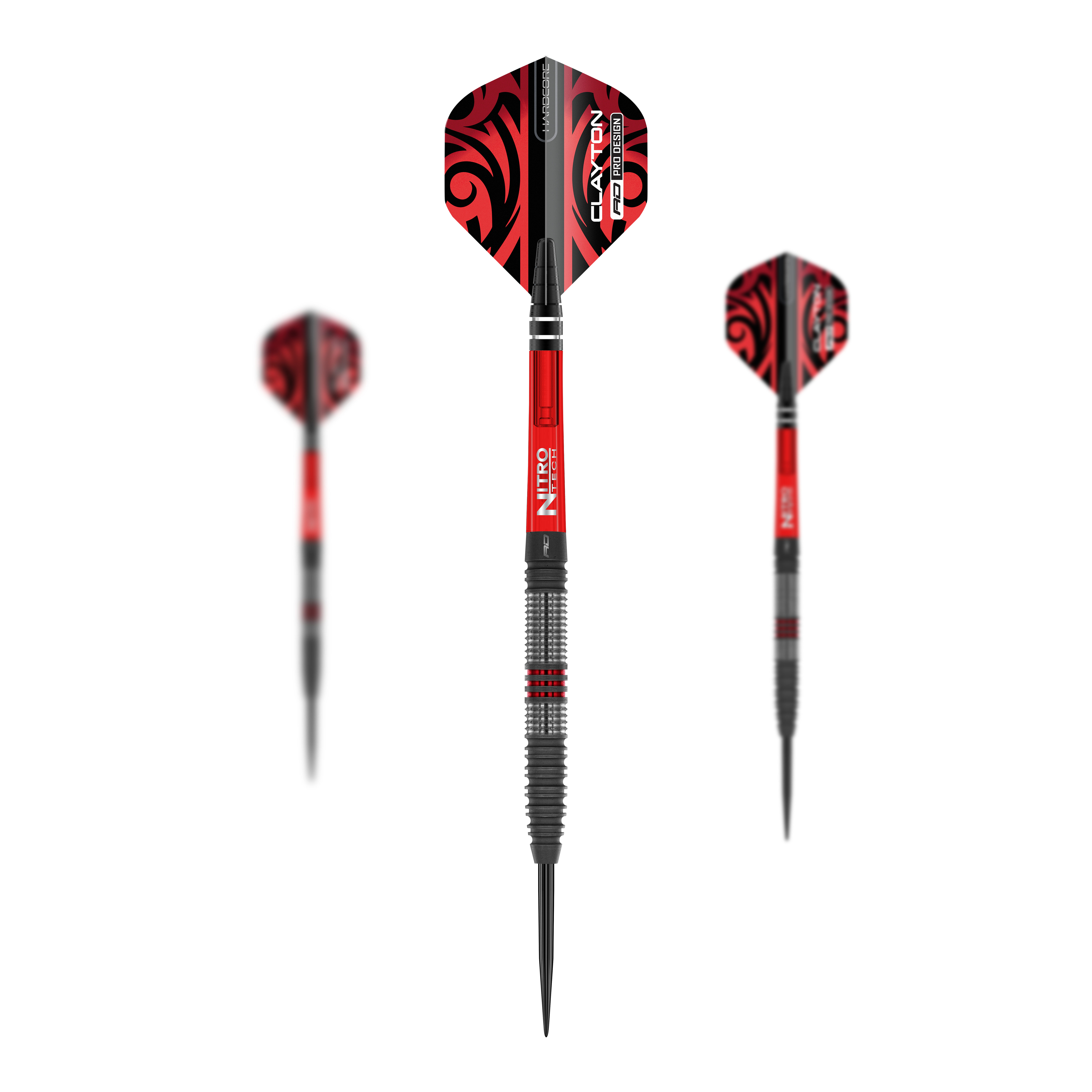 Red Dragon Jonny Clayton Hiraeth steel darts Dieses Bild zeigt die Red Dragon Jonny Clayton Hiraeth Steeldarts. Die Darts haben ein auffälliges rotes und schwarzes Design mit strukturiertem Griff.