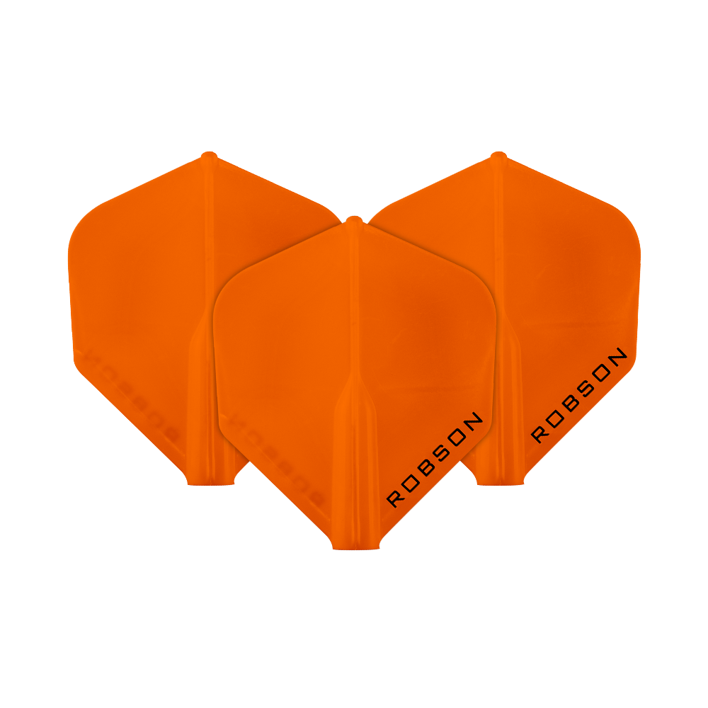 Robson Plus Flights - Standard Das Bild zeigt drei orangefarbene Dartflights. Auf jedem Flight steht das Wort "ROBSON" geschrieben.