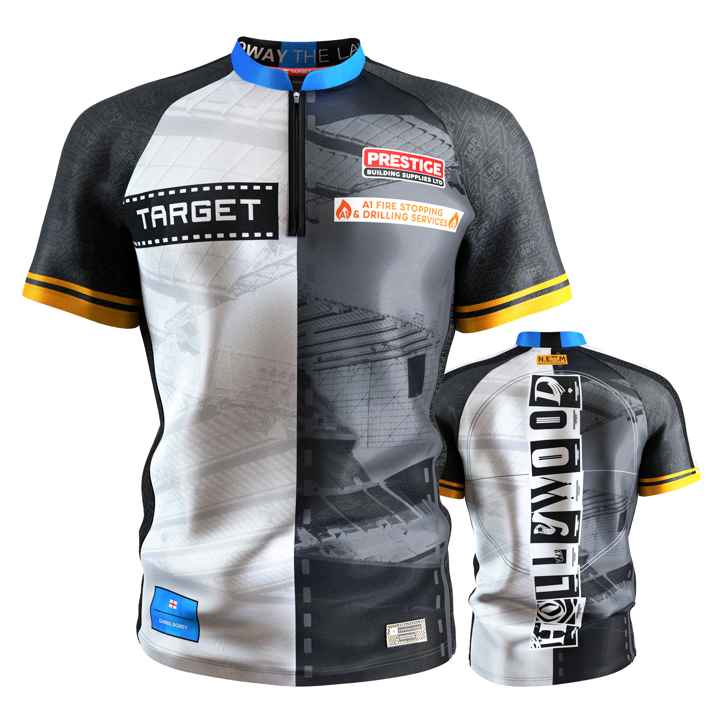 Target Coolplay Chris Dobey 2025 dart shirt Dieses Bild zeigt das "Target Coolplay Chris Dobey 2025 Dartshirt" von vorne und hinten. Das Shirt hat ein modernes, schwarz-weißes Design mit gelben Akzenten und mehreren Sponsorenlogos.