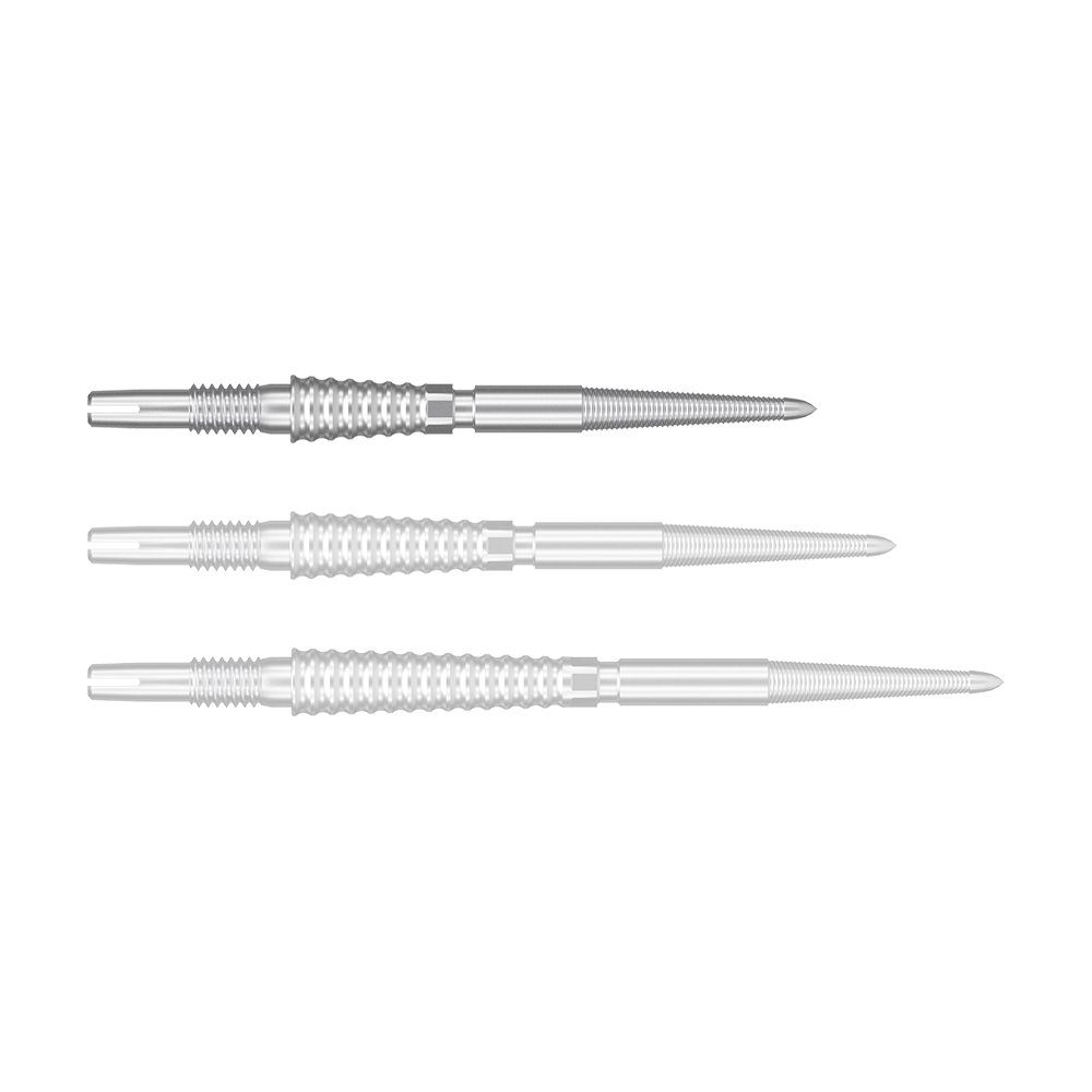 Target Swiss Storm LNC dart tips - silver Auf dem Bild sind drei silberne Dartspitzen nebeneinander zu sehen. Sie haben ein geriffeltes Griffstück und laufen spitz zu.