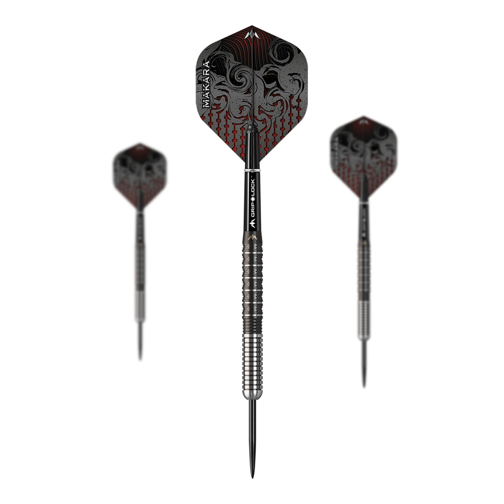 Mission Makara M1 Steeldarts Das Bild zeigt drei Steeldarts des Produkts "Mission Makara M1". Die Dartpfeile haben ein silber-schwarzes Design mit auffälligen, gemusterten Flights.