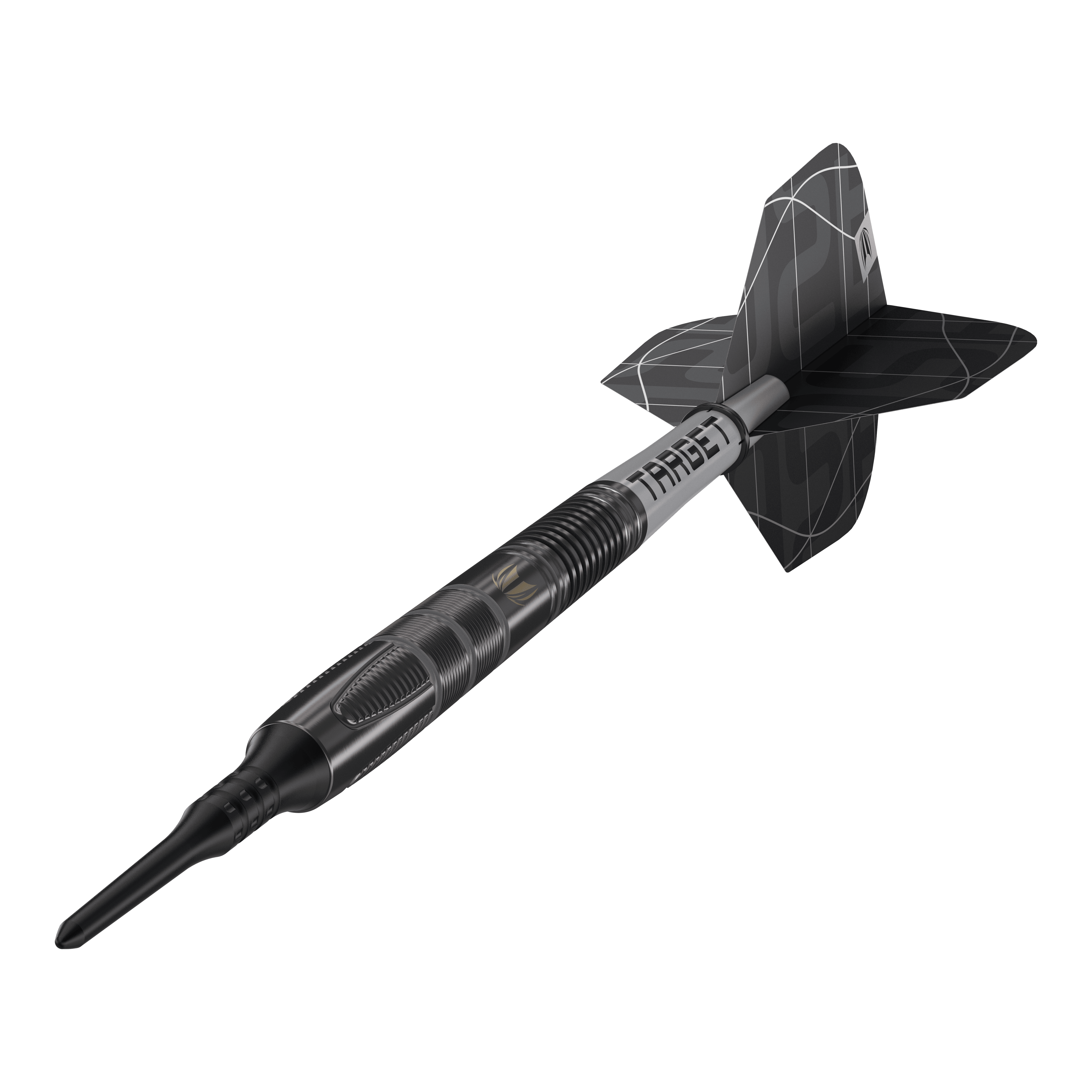 Target Nathan Aspinall X Echo Softdarts - 18g Das Bild zeigt den Softdart „Target Nathan Aspinall X Echo“ mit einem Gewicht von 18 Gramm. Der Dartpfeil ist schwarz und hat ein modernes, geriffeltes Design mit der Aufschrift "TARGET" auf dem Schaft.