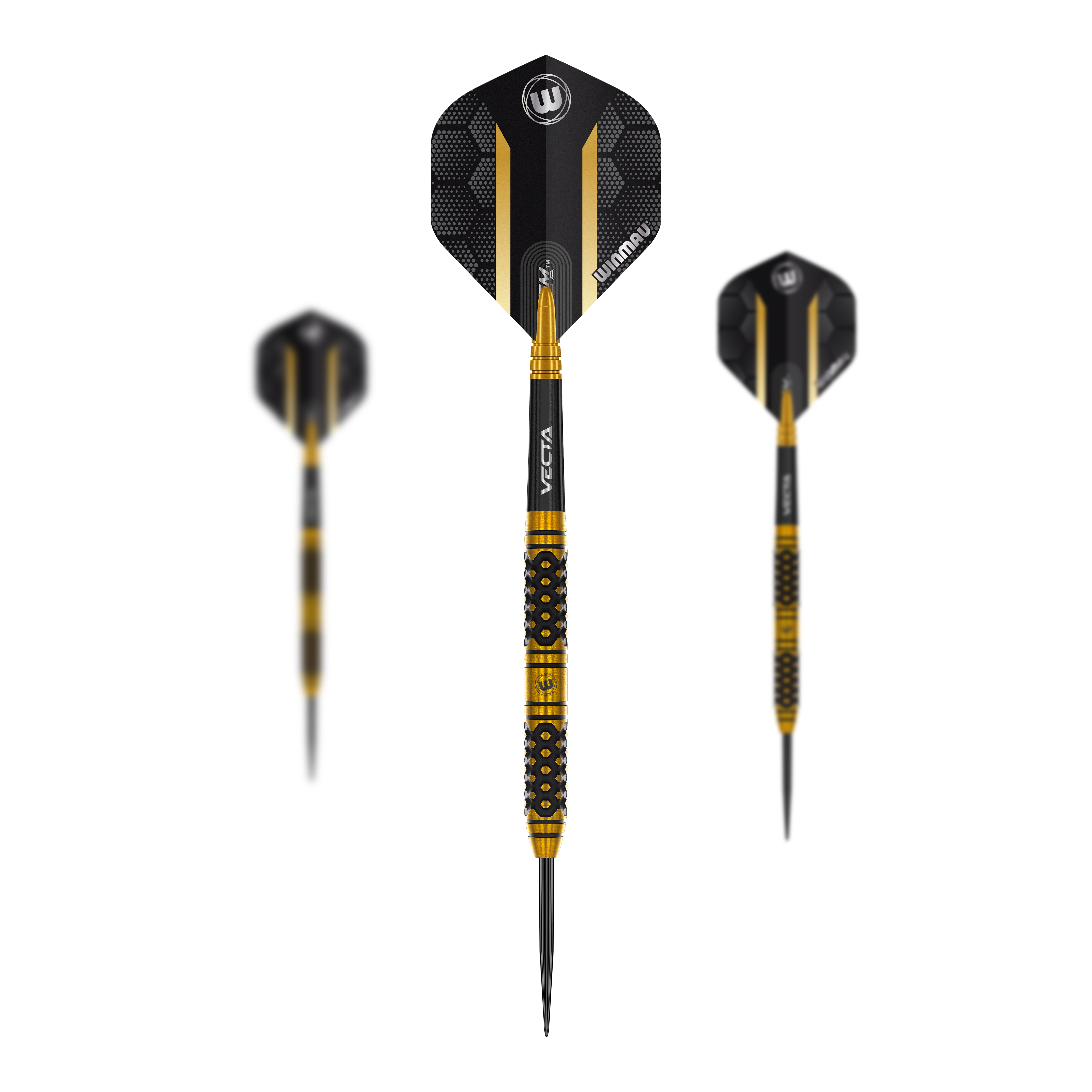 Das Bild zeigt ein Set der Winmau Team 360 Bradley Van Der Velden Steeldarts mit 22g. Das Foto konzentriert sich auf die Zusammenstellung des Dartsets.