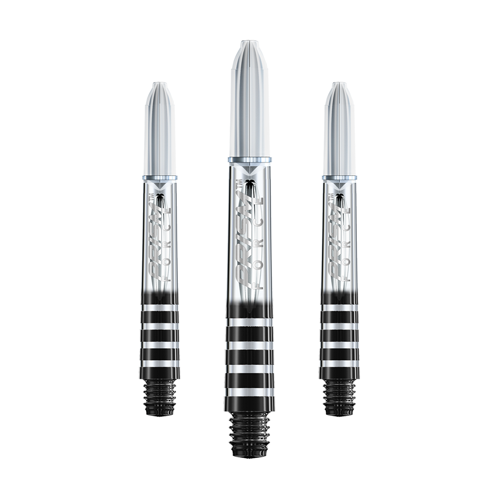7020-106_Winmau_Prism_Force_Shafts_Clear_35mm_12WE9IBvpWpaul Auf dem Bild sind drei transparente Dartschäfte mit schwarzen Ringen zu sehen. Sie sind unterschiedlich lang und haben den Aufdruck "Prism Force".