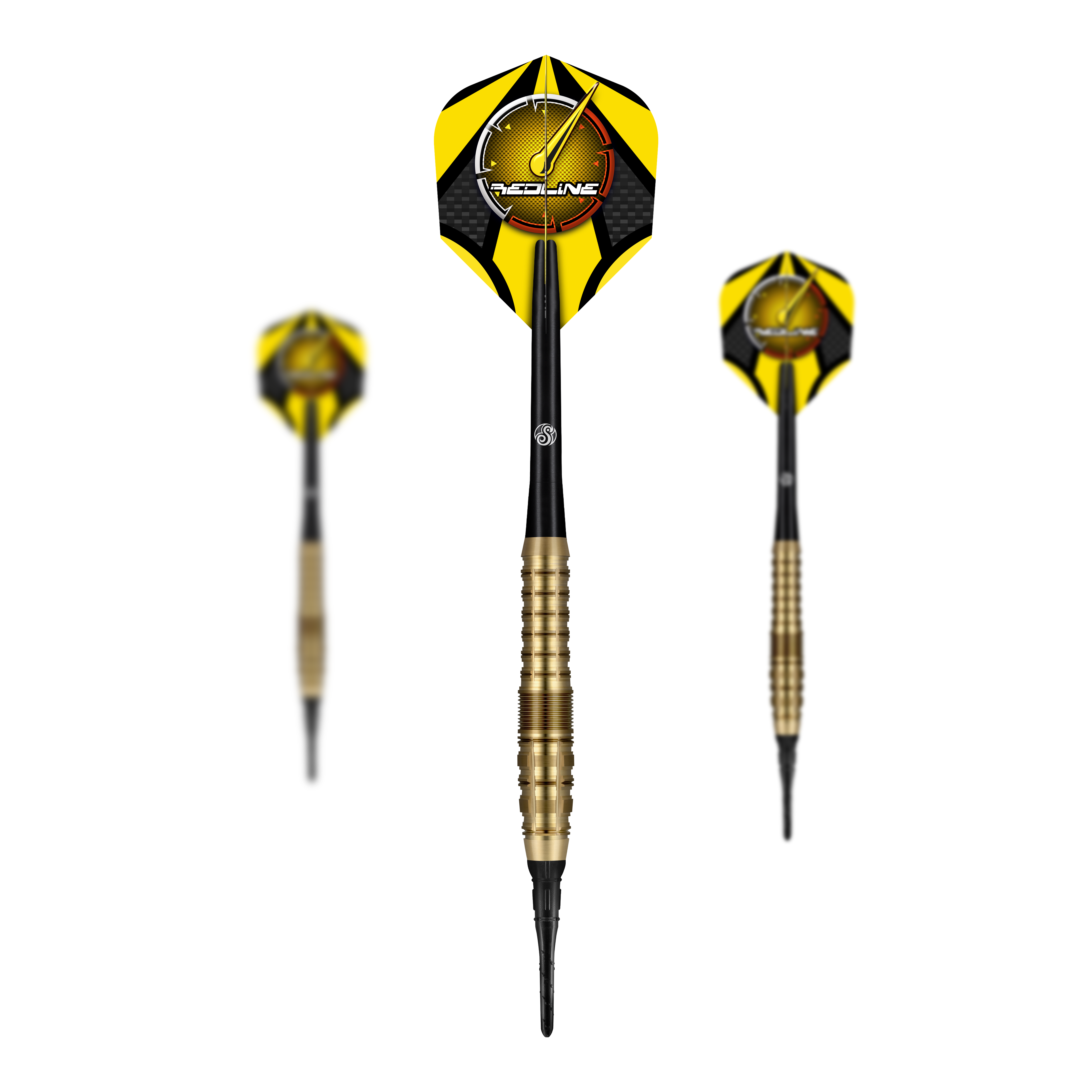 Shot Redline Gizmo Soft Darts - 20g Das Bild zeigt drei Softdarts des Produkts "Shot Redline Gizmo Softdarts - 20g". Die Darts haben gelb-schwarze Flights und einen gerillten, goldfarbenen Schaft.