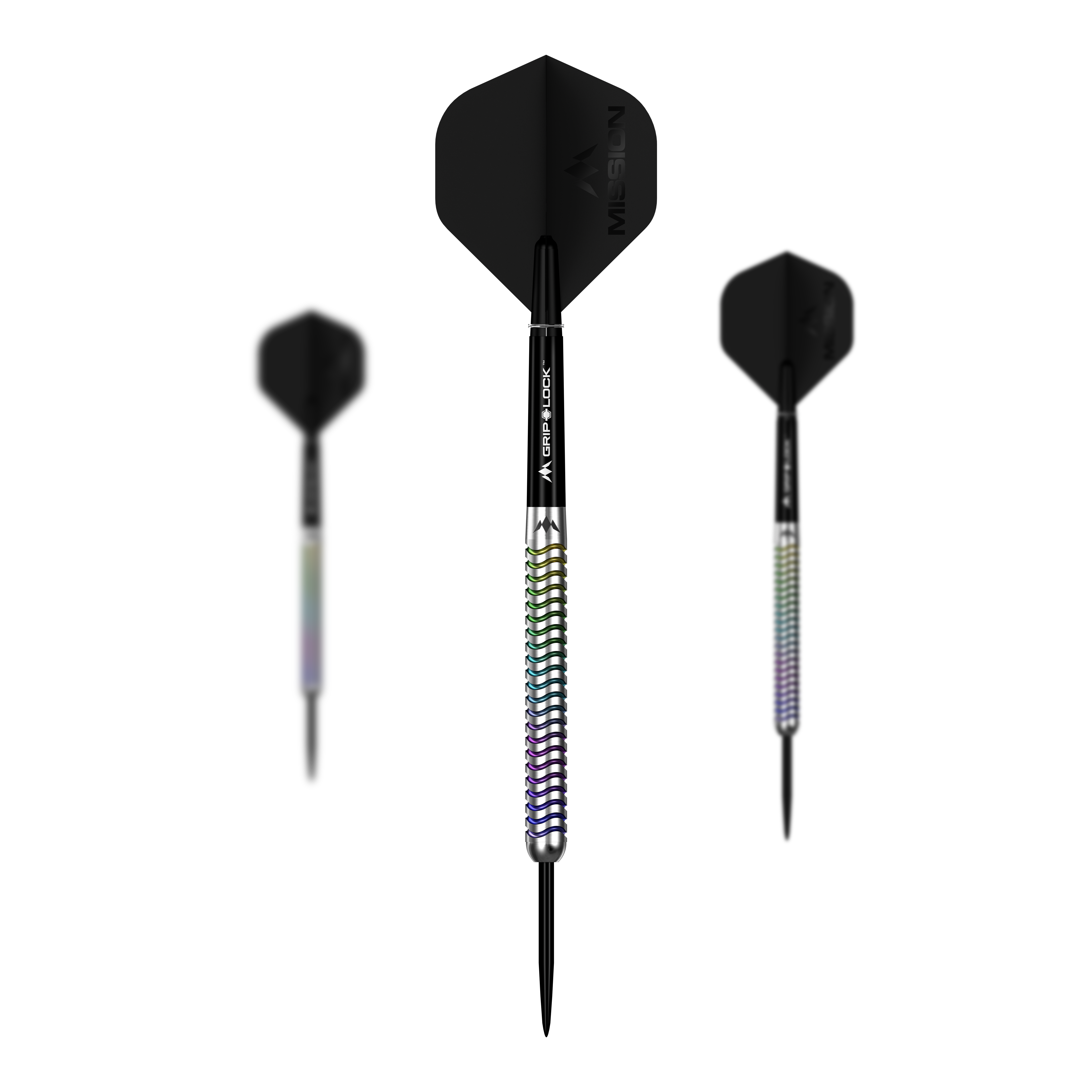 Dieses Bild zeigt das Set Mission Mirage Steeldarts. Das Set besteht aus mehreren hochwertigen Darts.