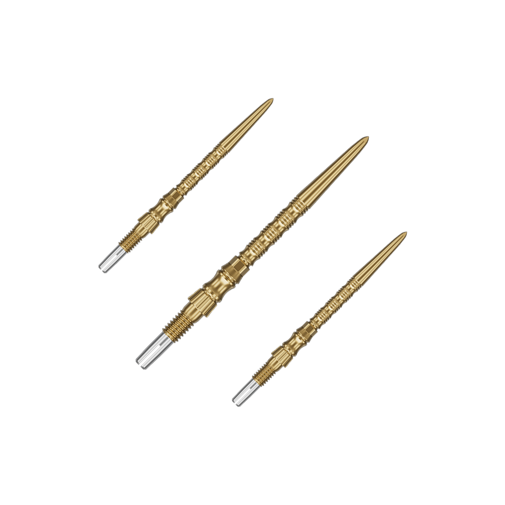 Ein Set von Target SwissPoint Signature TRB Dartspitzen in Gold mit 30mm Länge ist zu sehen. Die Dartspitzen sind ordentlich angeordnet.