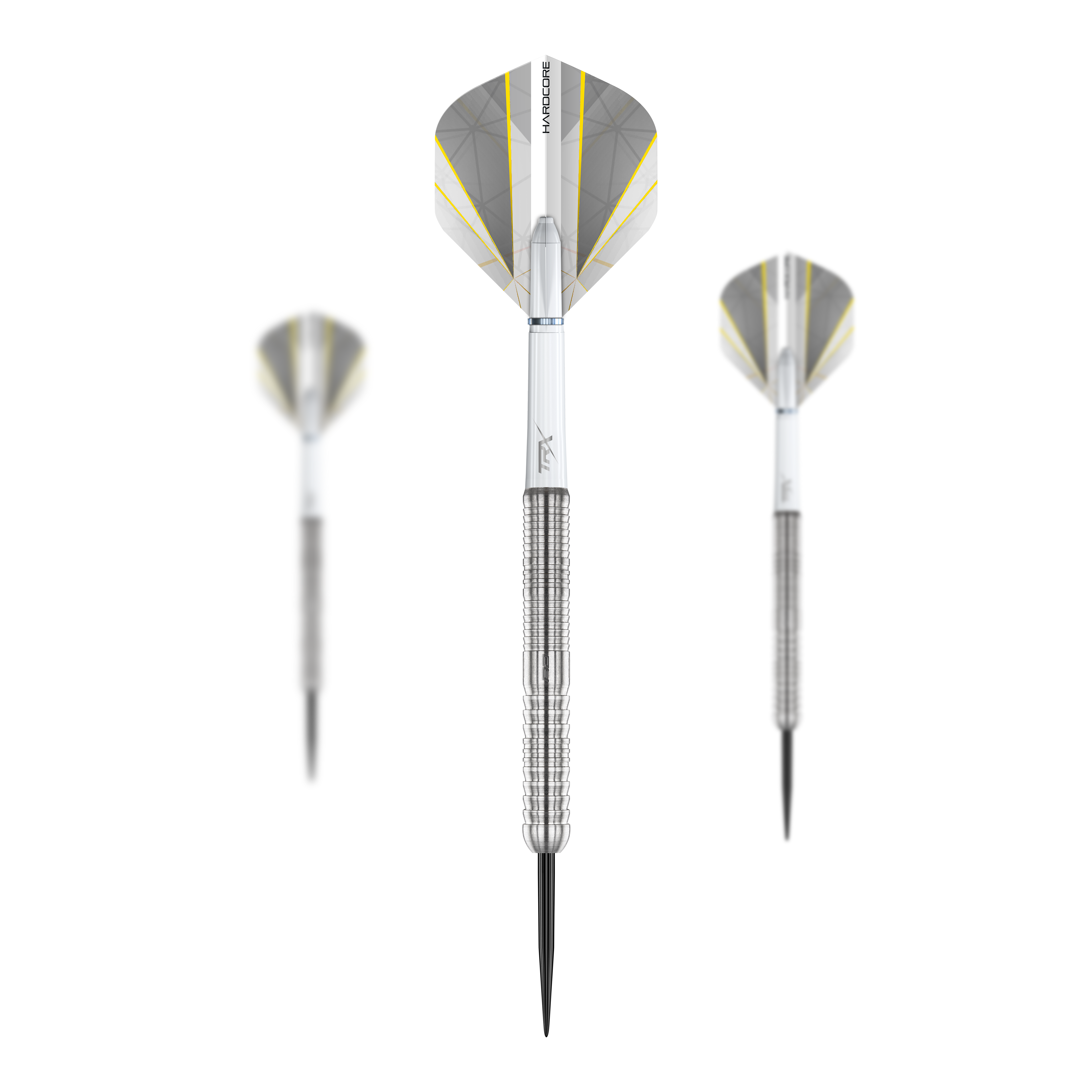 Red Dragon Seren 1 Pure Steeldarts Das Bild zeigt drei Steeldarts des Produkts "Red Dragon Seren 1 Pure Steeldarts". Die Darts haben silberne Spitzen und Schäfte mit grauen und gelben Akzenten an den Flights.