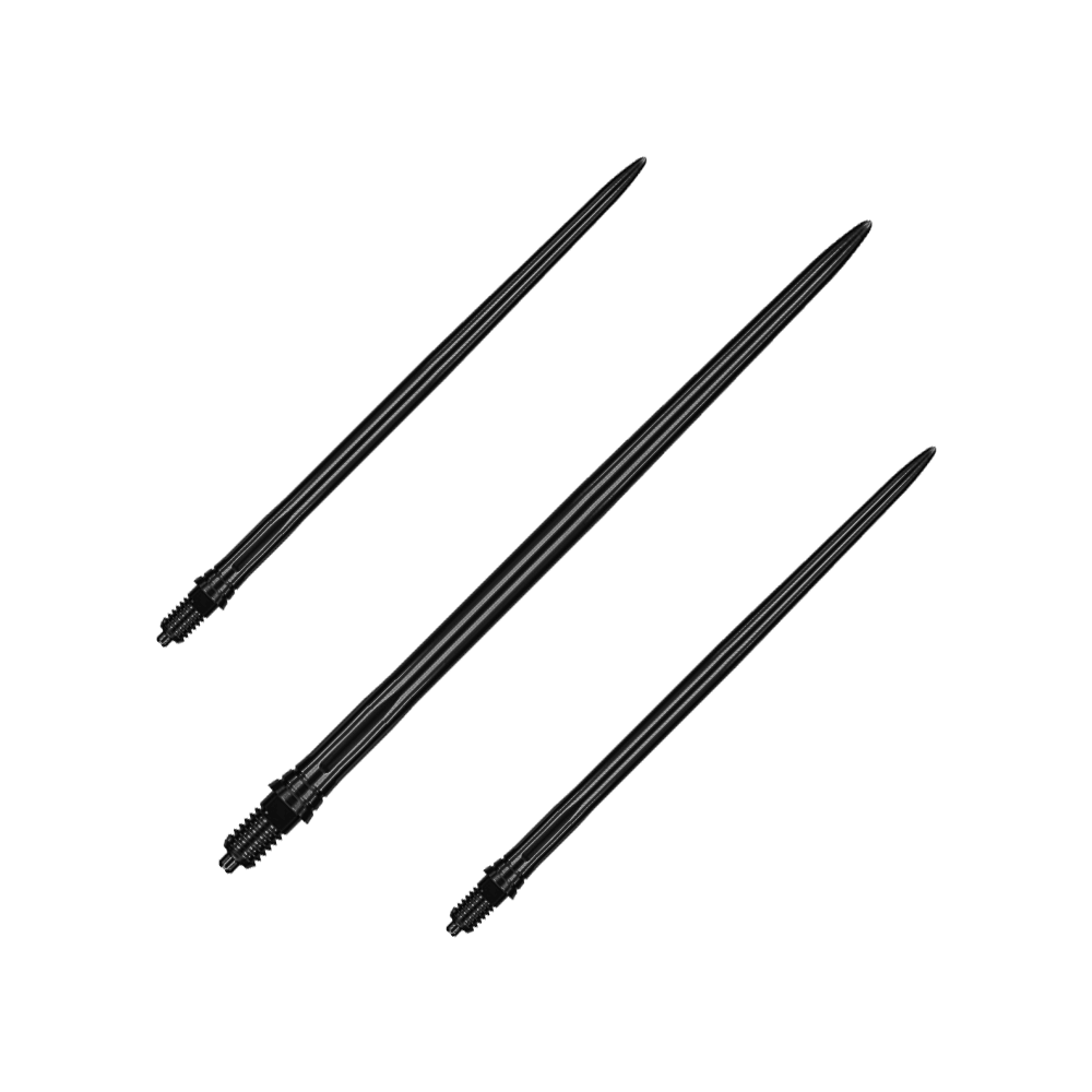 Caliburn EZ-EVO Dart Tips - Smooth - Black Das Bild zeigt Dartspitzen in Schwarz mit einer Länge von 50mm. Es handelt sich vermutlich um ein Set glatter Dartspitzen vom Typ Caliburn EZ-EVO.