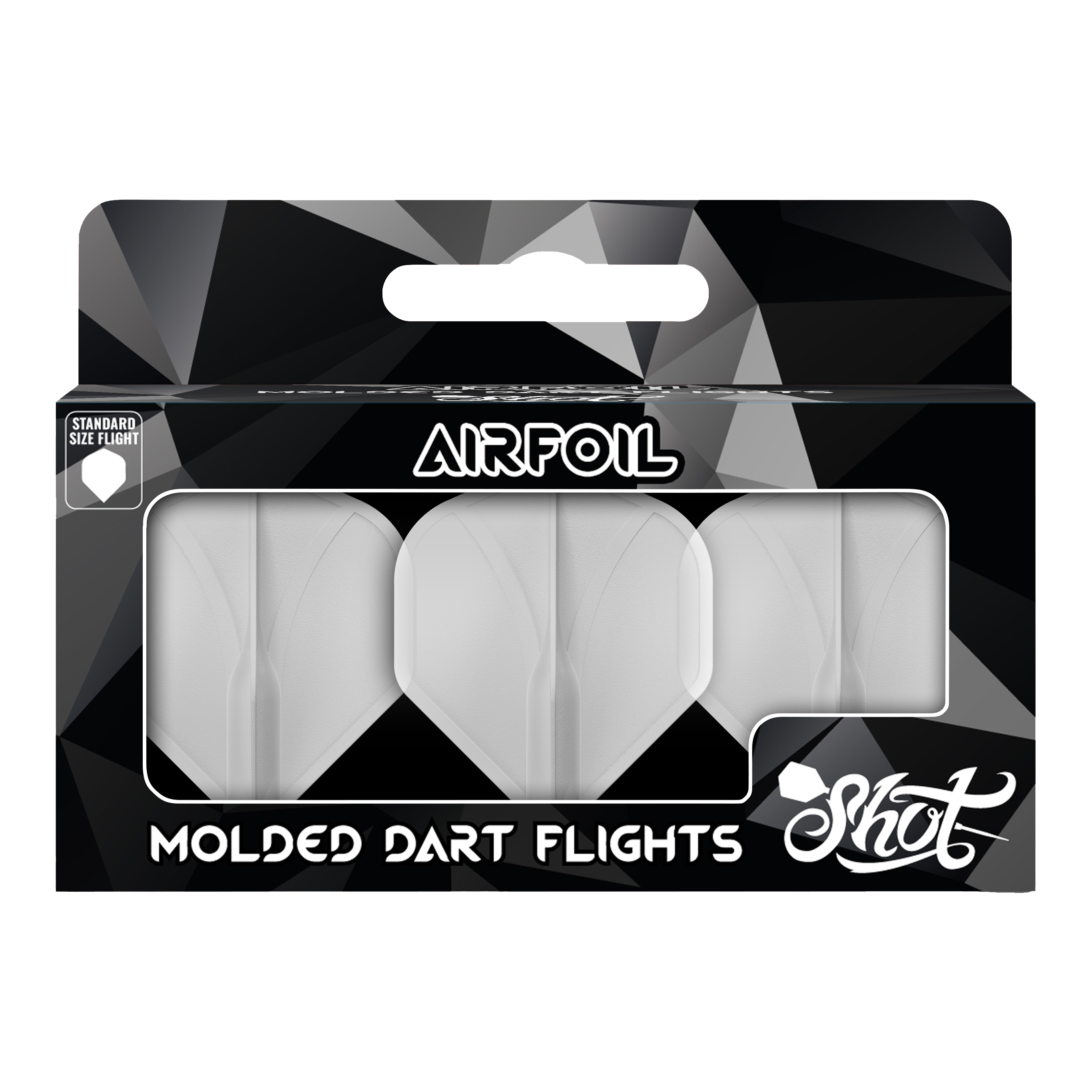 Shot Airfoil Molded No2 Standard Flights Auf dem Bild ist eine Packung mit geformten Dart-Flights der Marke Shot zu sehen. Die Flights sind durchsichtig und in einer schwarzen Verpackung mit der Aufschrift "Airfoil" präsentiert.