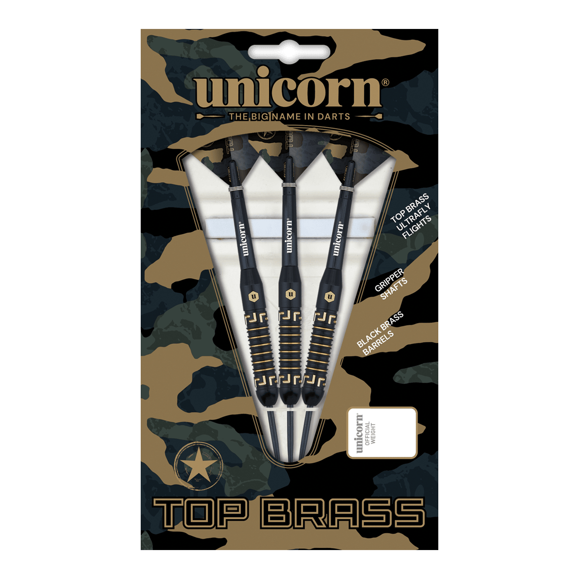 Das Bild zeigt die "Unicorn Top Brass V1 Steeldarts - 20g" in einer Verpackung mit Tarnmuster. Die Packung enthält drei schwarze Darts mit goldfarbenen Details.