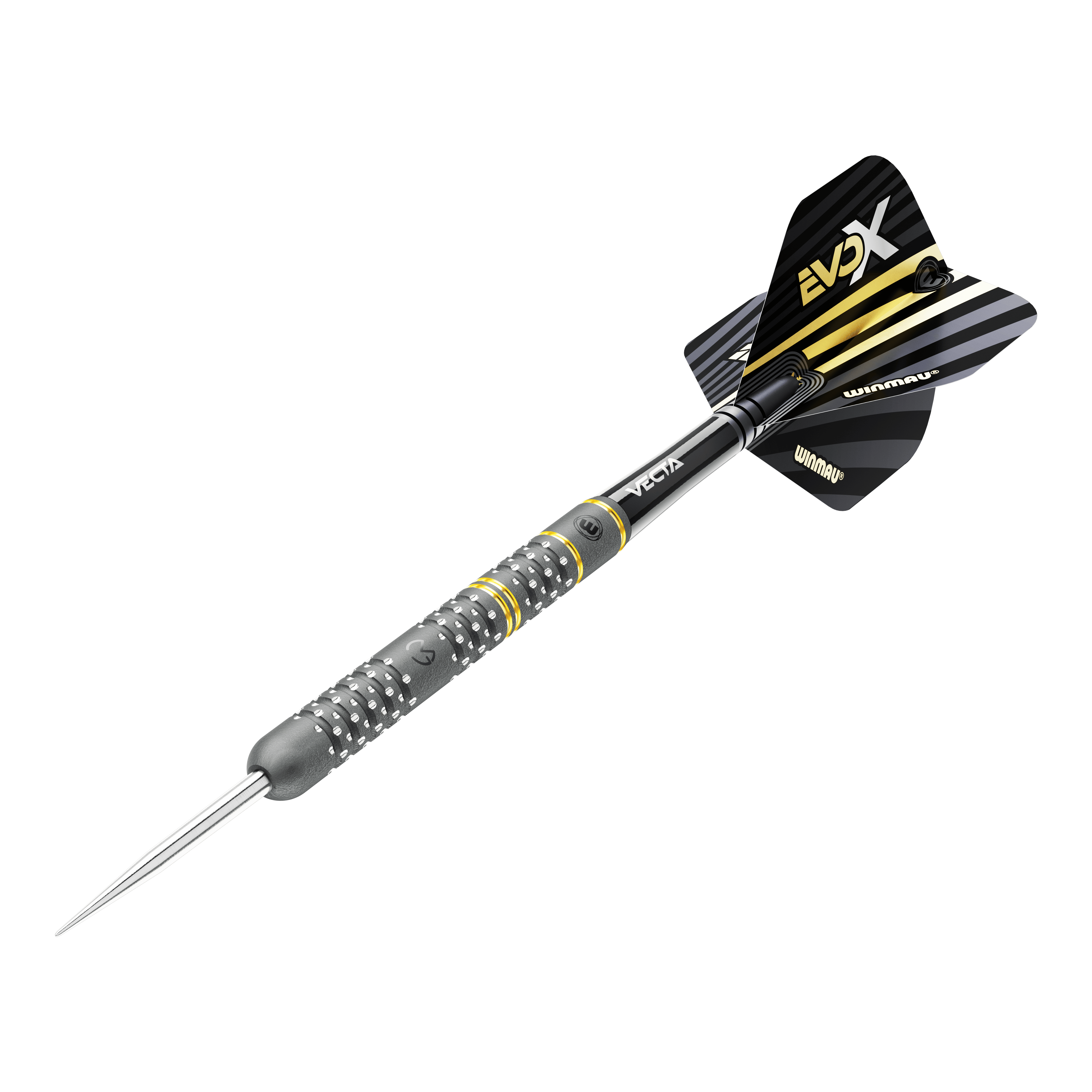 Winmau Michael Van Gerwen Evo-X steel darts Das Bild zeigt einen Winmau Michael Van Gerwen Evo-X Steeldart. Der Dart hat ein schwarzes und gelbes Design mit metallischer Spitze und strukturierter Griffzone.
