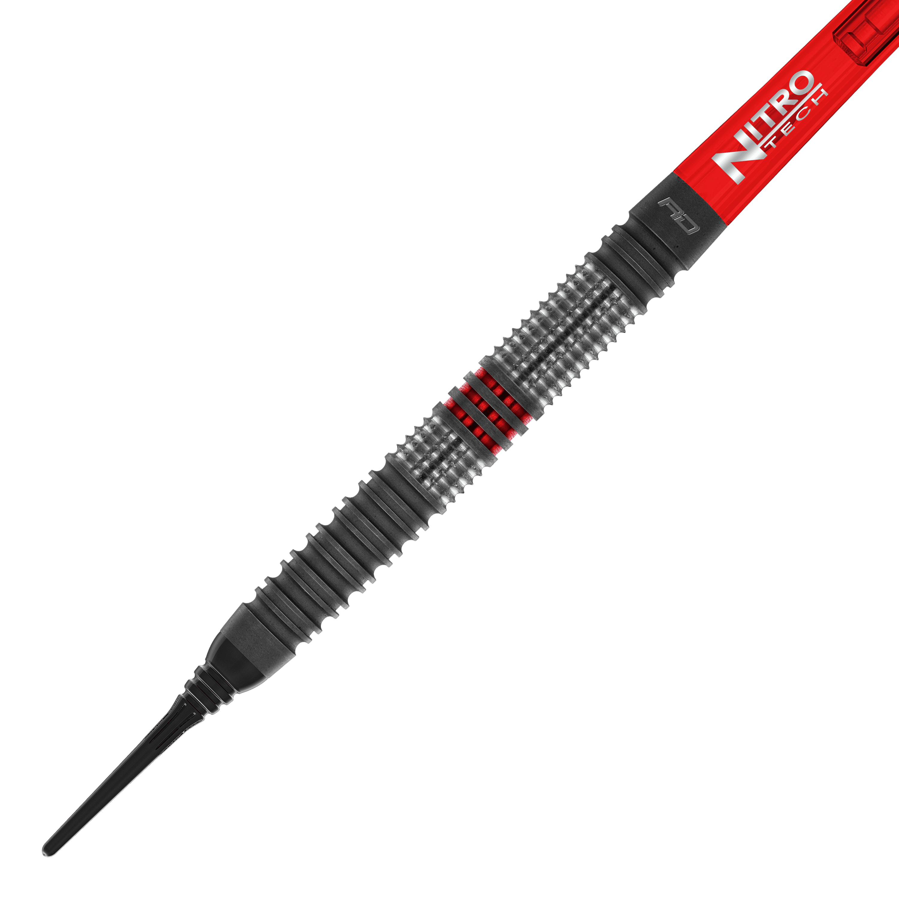 Red Dragon Jonny Clayton Hiraeth Soft Darts - 20g Das Bild zeigt den Red Dragon Jonny Clayton Hiraeth Softdart mit einem Gewicht von 20 Gramm. Der Dart hat ein silbernes Griffstück mit roten Akzenten und einen roten Schaft mit der Aufschrift "Nitro Tech".