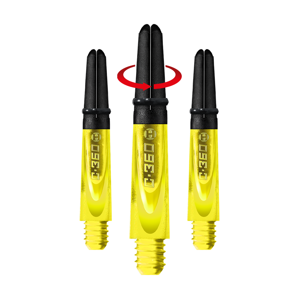 HR449_Harrows_Carbon_360_Shafts_Gelb_35mm_1-_Symbol Auf dem Bild sind drei gelbe Harrows Carbon 360 Shafts zu sehen. In der Mitte ist ein Schaft mit einem roten Pfeil abgebildet, der auf eine Drehbewegung hinweist.