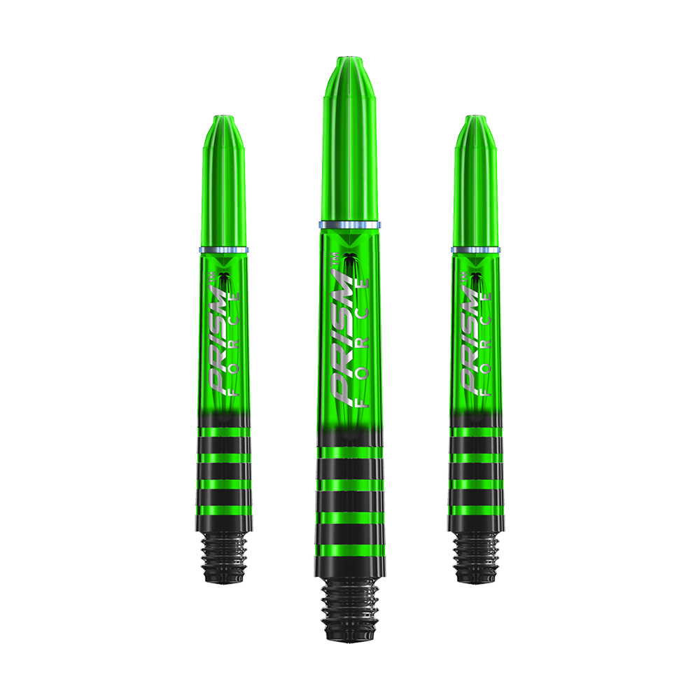 7020-105_Winmau_Prism_Force_Shafts_Gr-n_35mm_1 Ein Dart-Schaft der Serie Winmau Prism Force mit metallischem Glanz ist zu sehen.