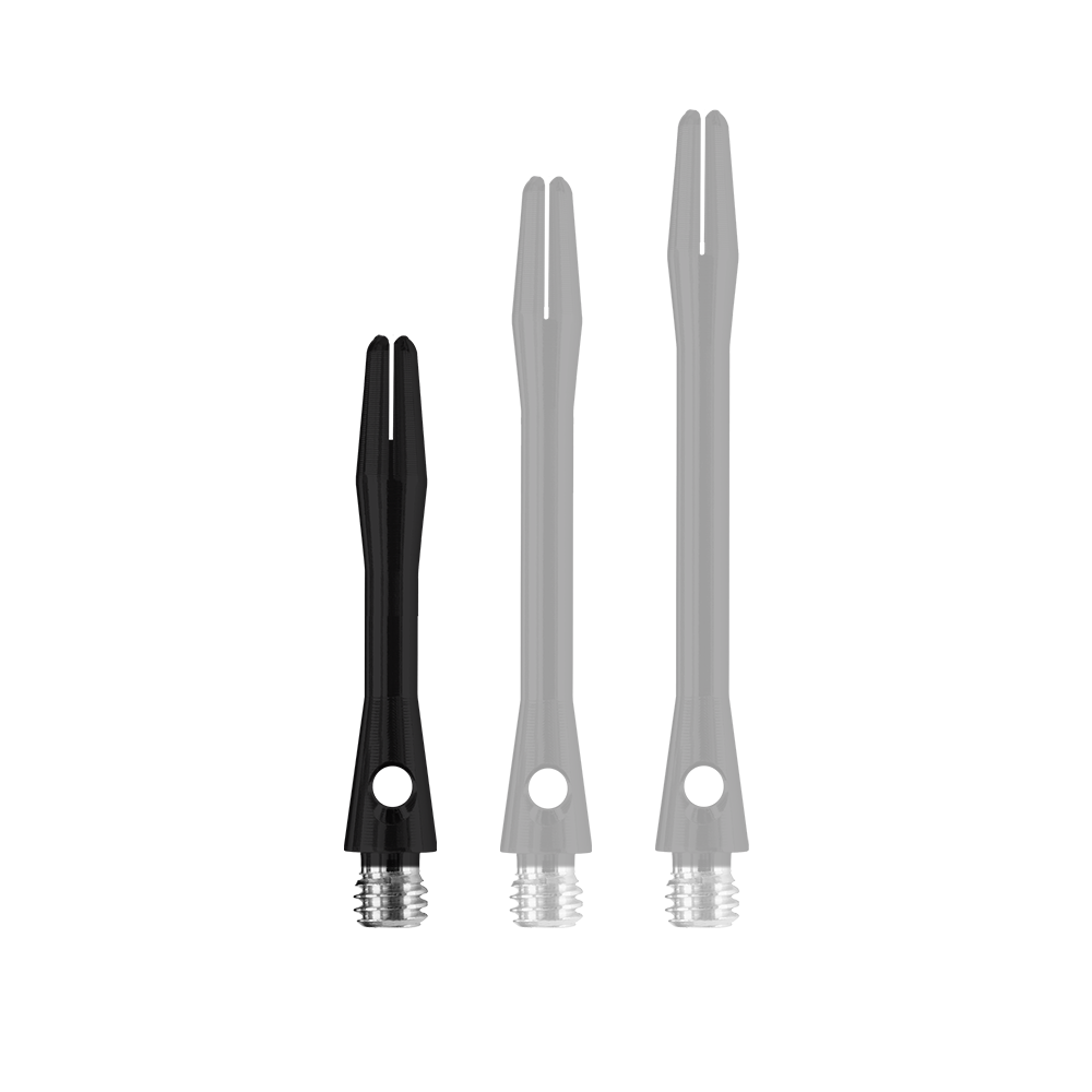 HR366_Harrows_Keramic_Shafts_Schwarz_35mm_1 Das Bild zeigt drei Harrows Keramic Shafts in Matt Schwarz, jeweils in unterschiedlicher Länge. Die Schäfte haben ein glänzendes schwarzes Design mit silbernen Gewinden am unteren Ende.