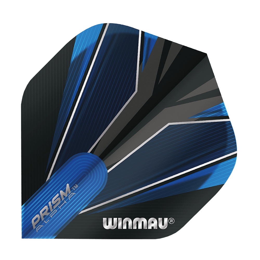 6915-153_Winmau_Prism_Alpha_Blue_Standard_Flights_13Rwc4pjLVzAV0 Das Bild zeigt das Produkt "Winmau Prism Alpha Blue Standard 2 Flights". Die Flights sind in einem modernen blauen und schwarzen Design gehalten, mit dem Winmau-Logo darauf.