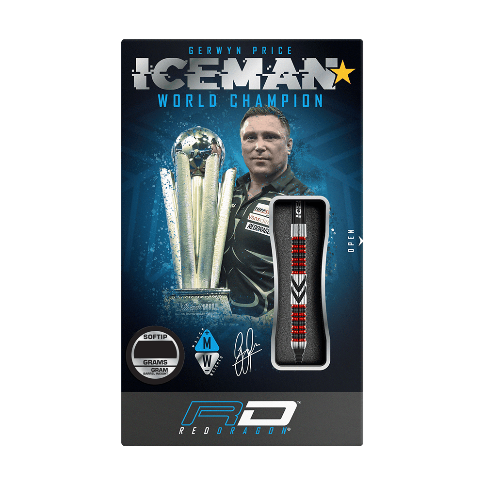 RD2569_Red_Dragon_Gerwyn_Price_Firebird_Softdarts_3 Auf dem Bild ist die Verpackung der "Red Dragon Gerwyn Price Firebird Softdarts - 20g" zu sehen. Die Verpackung zeigt einen Dartpfeil, einen Weltmeister-Pokal und ein Porträt von Gerwyn Price.