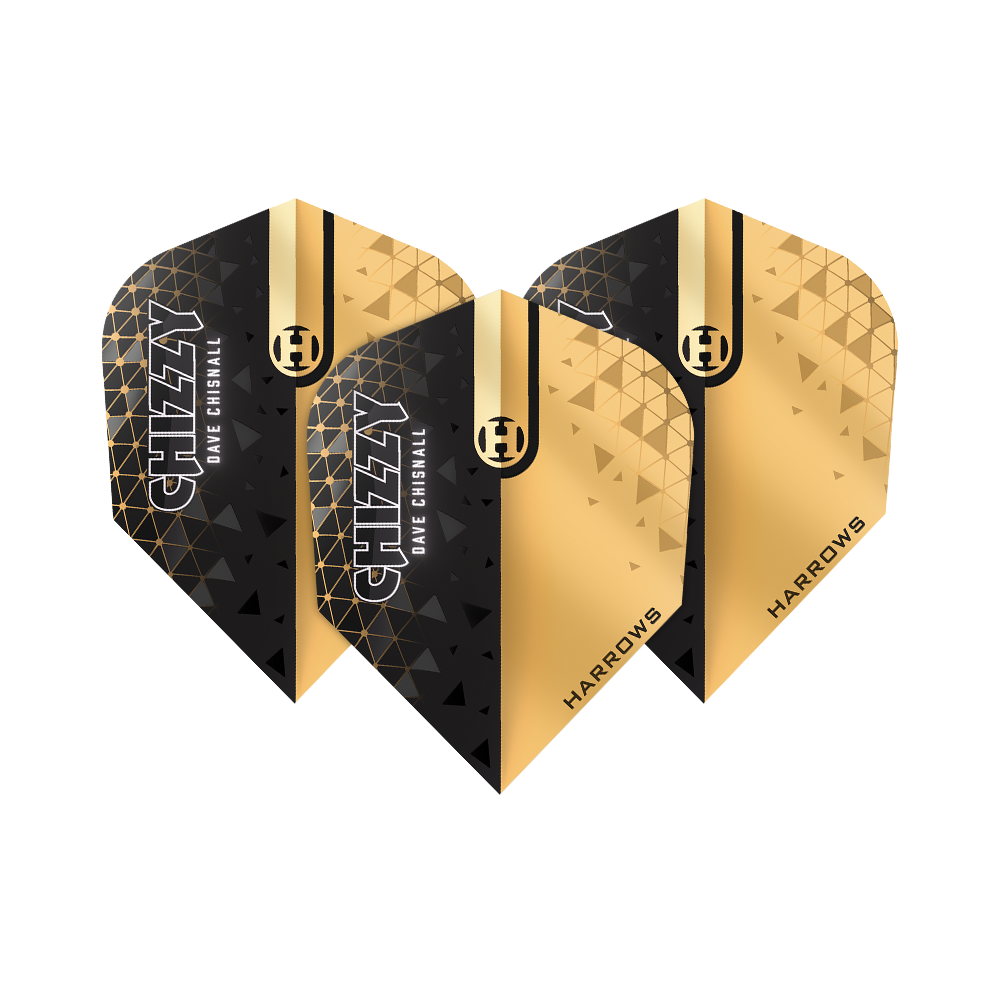 Harrows Prime Dave Chisnall Chizzy 2 No6 Flights Das Bild zeigt die Harrows Prime Dave Chisnall Chizzy 2 No6 Flights. Die Flights sind in Schwarz und Gold gestaltet und tragen die Aufschrift "CHIZZY DAVE CHISNALL" sowie "HARROWS".