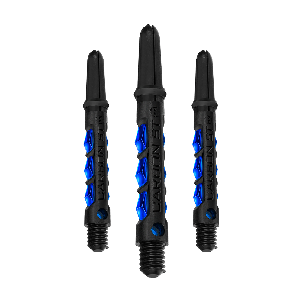 HR414_Harrows_Carbon_ST_Shafts_Blau_40mm_1 Das Bild zeigt drei Harrows Carbon ST Shafts in Blau. Sie haben ein schwarzes Design mit blauen Akzenten und sind für Darts geeignet.