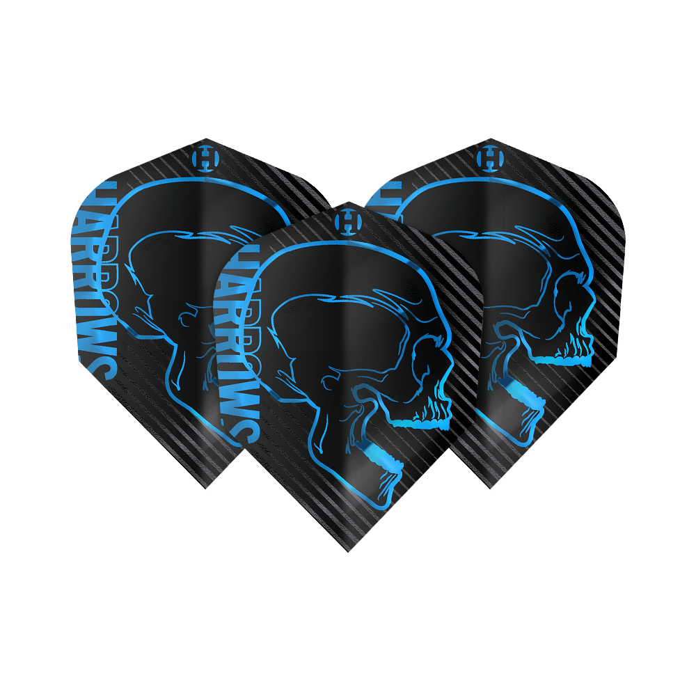 Harrows Rage Aqua No. 6 Flights Das Bild zeigt drei schwarze Dart-Flights mit einem blauen Totenkopf-Design und dem Schriftzug "Harrows". Die Flights gehören zum Produkt "Harrows Rage Aqua No6".