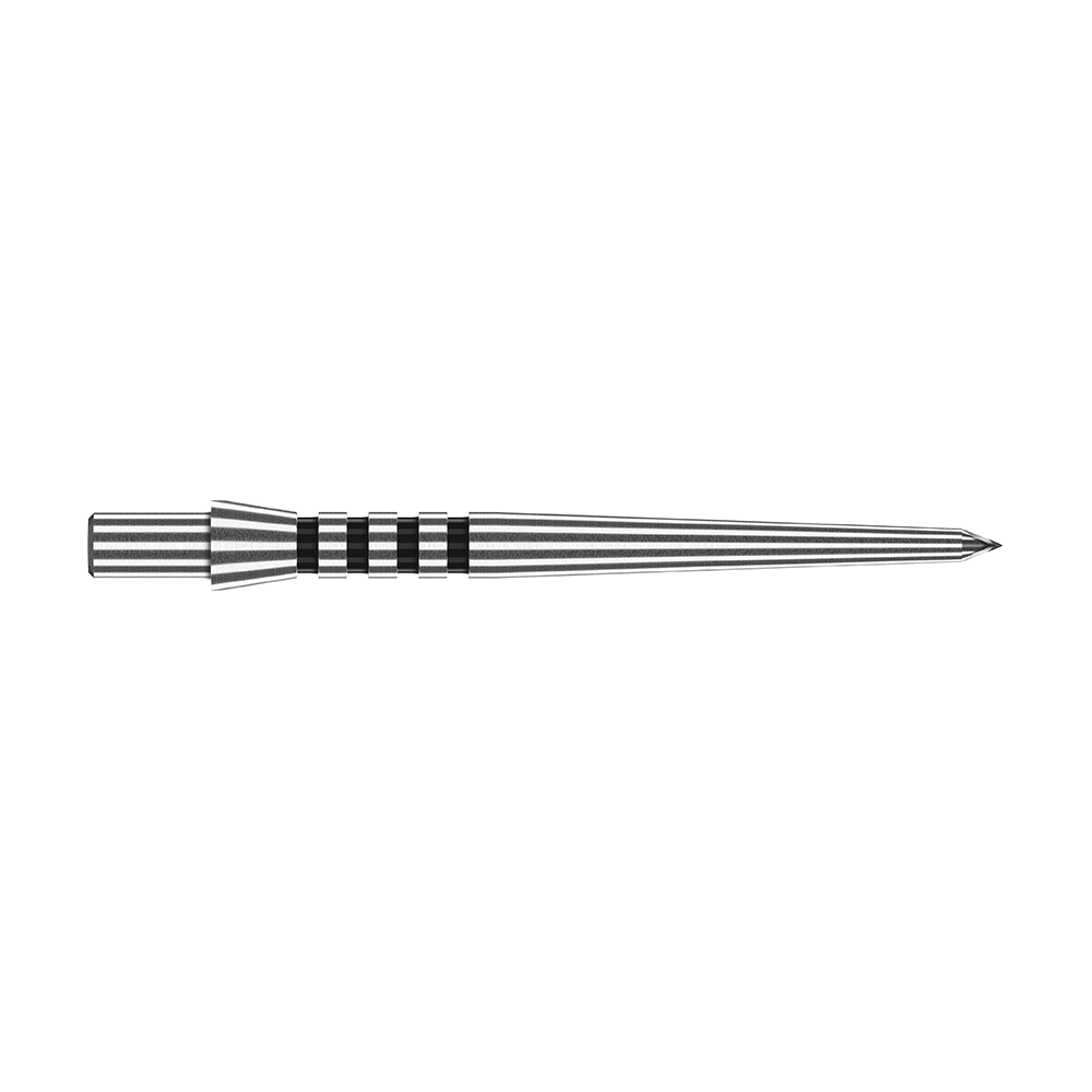 X0681_Red_Dragon_Venom_Steeldartspitzen_0 Das Bild zeigt eine einzelne Steeldartspitze des Produkts "Red Dragon Venom". Die Spitze ist silberfarben mit schwarzen Rillen und hat ein schlankes, spitz zulaufendes Design.