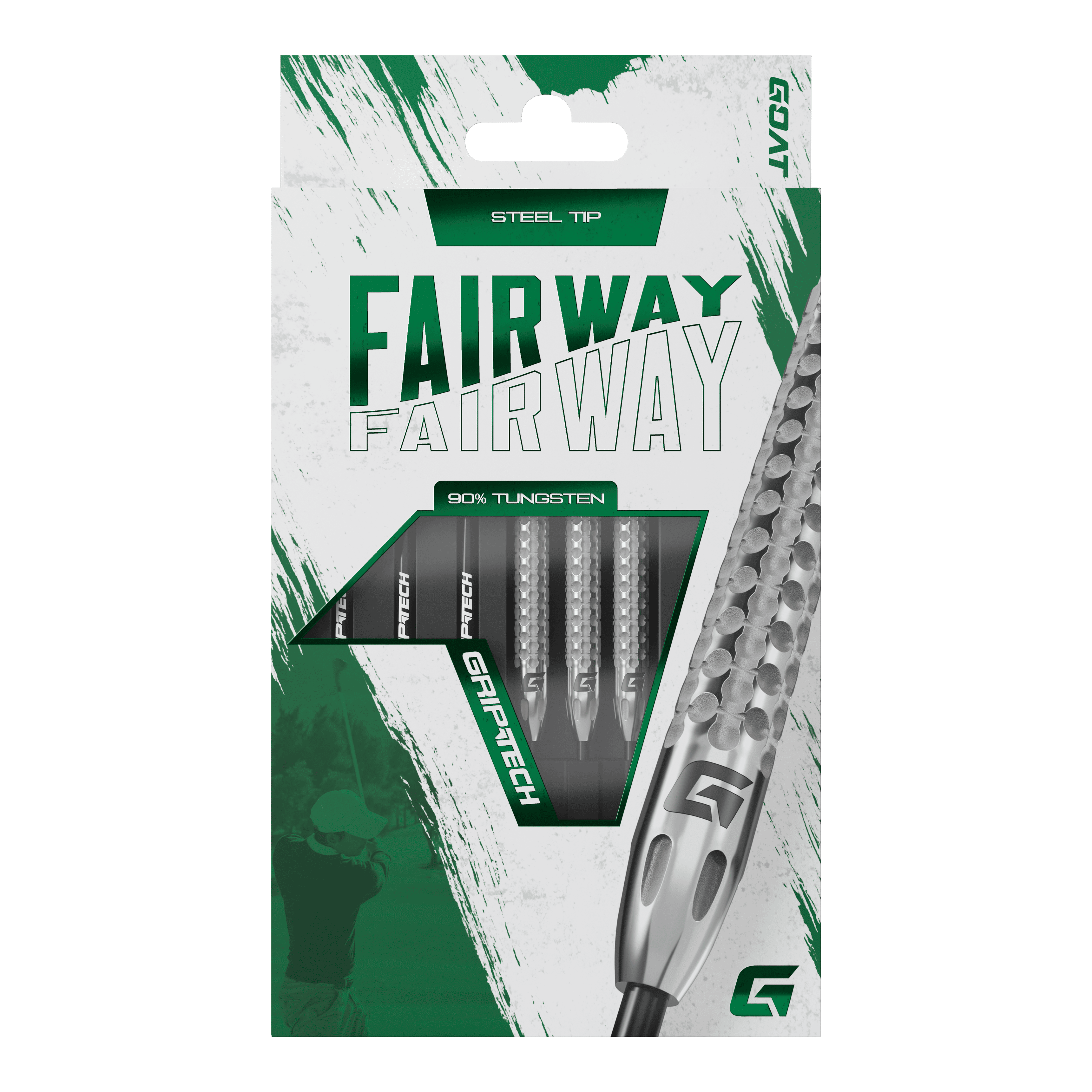 GOAT Fairway V2 Tungsten Steel Darts Die Abbildung zeigt die Verpackung der GOAT Fairway V2 Tungsten Steeldarts. Die Darts bestehen zu 90 % aus Tungsten und haben eine Stahspitze.