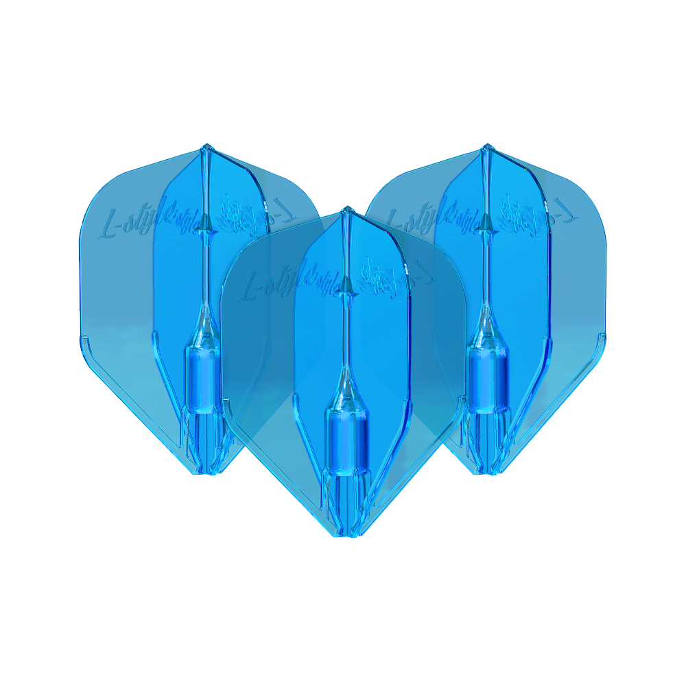 L-Style Fantom L3EZ Flights Blue Das Bild zeigt drei blaue L-Style Fantom L3EZ Flights für Dartpfeile. Sie sind nebeneinander angeordnet und haben eine glänzende Oberfläche.