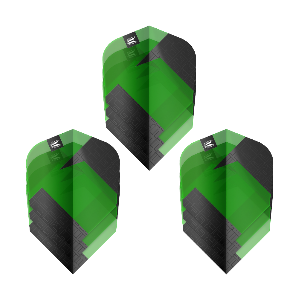 Target Pro Ultra TAG Green Ten-X Standard Flights - 3 Sets Das Bild zeigt drei grüne und schwarze Dart-Flights des Produkts "Target Pro Ultra TAG Grün Ten-X Standard". Die Flights haben ein auffälliges geometrisches Muster und das Target-Logo oben.